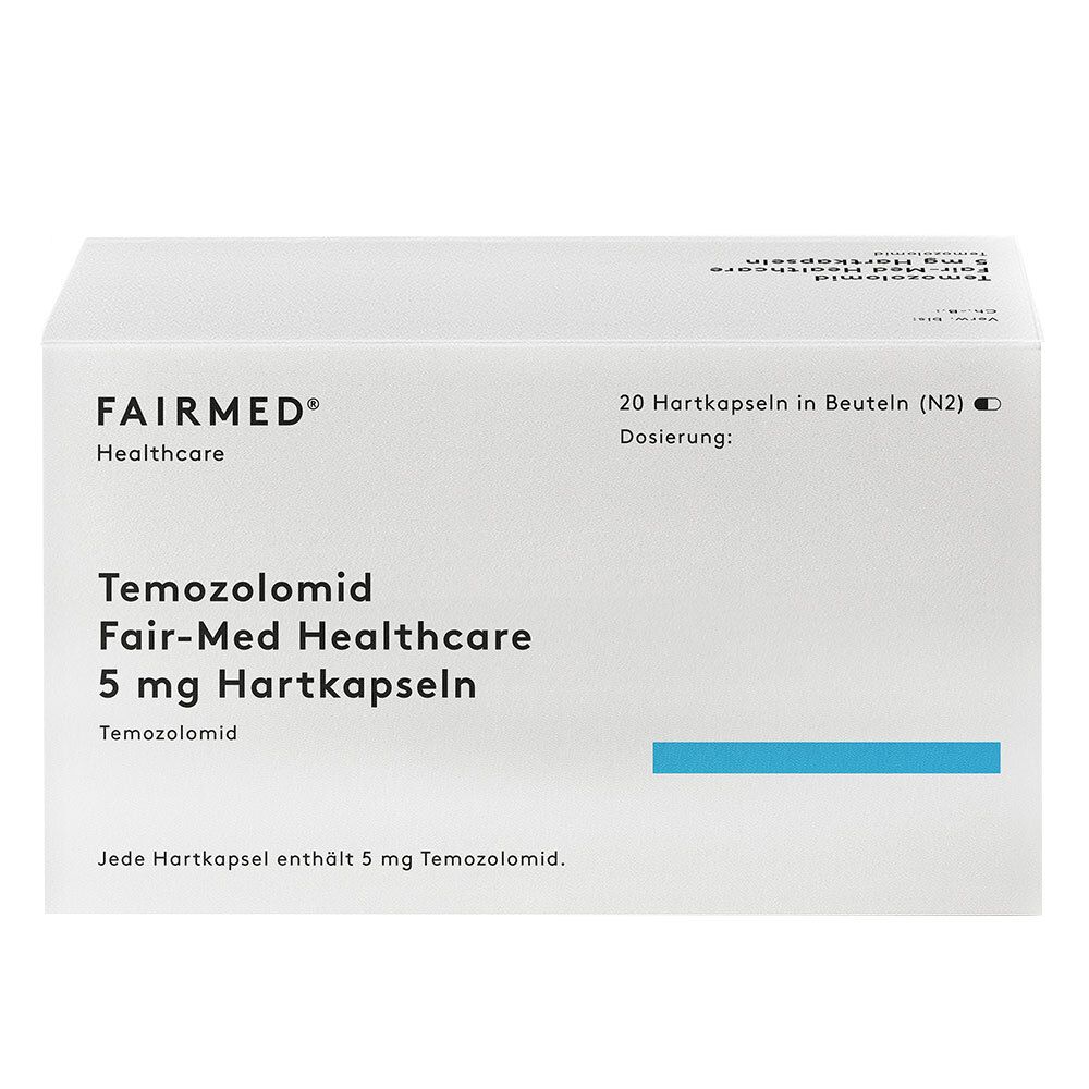Weiße Schachtel mit Aufschrift FAIRMED Healthcare. Enthält Temozolomid 5 mg Hartkapseln. 20 Kapseln in Beuteln.