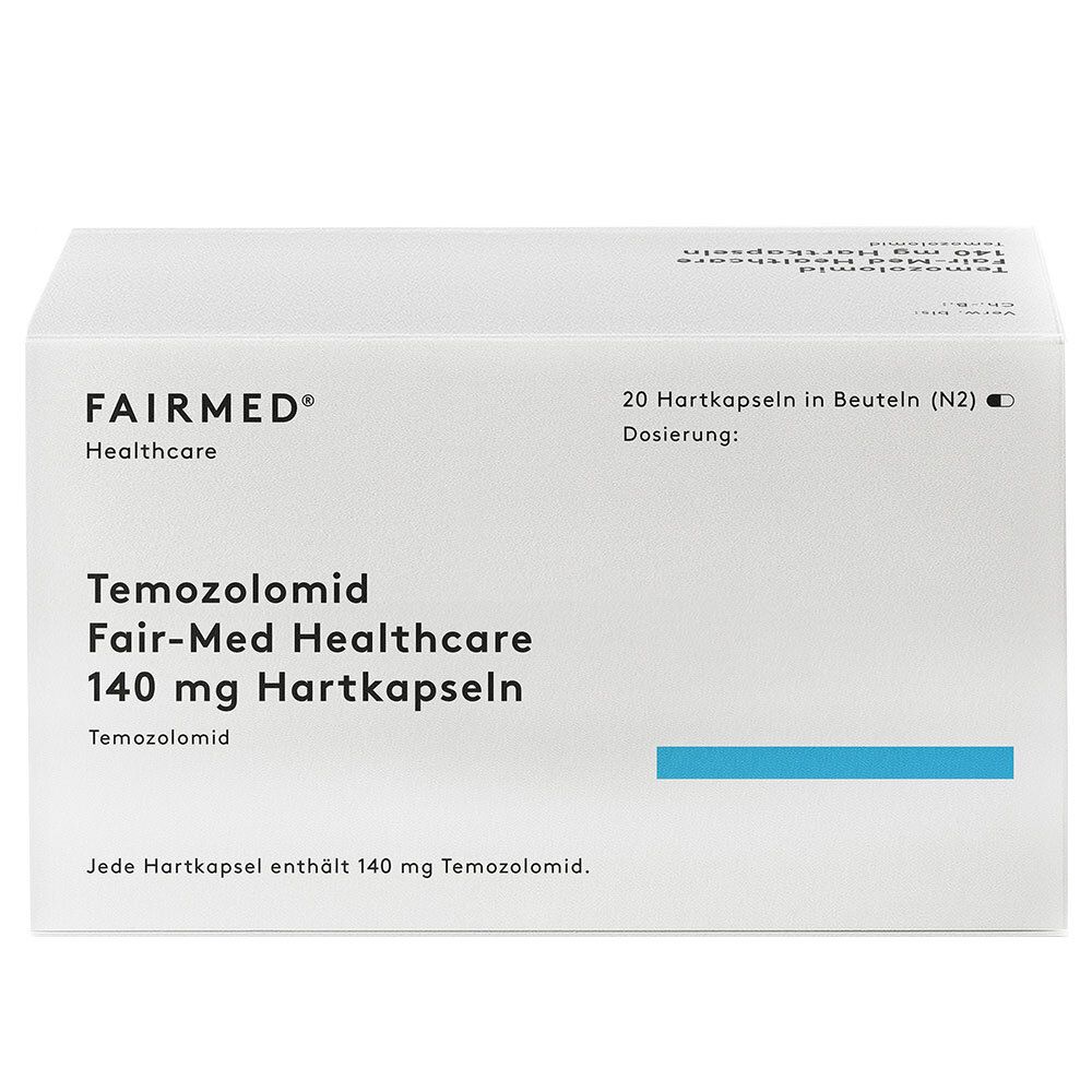 Weiße Schachtel mit Aufschrift FAIRMED Healthcare und Temozolomid 140 mg Hartkapseln. 20 Kapseln.