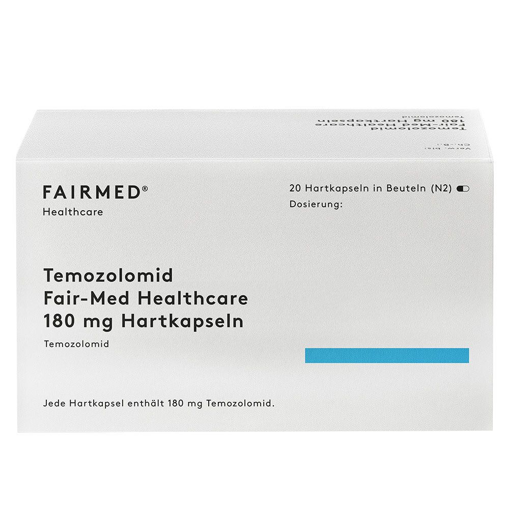 Weiße Schachtel mit Aufschrift FAIRMED Healthcare. Enthält 20 Hartkapseln Temozolomid 180 mg.