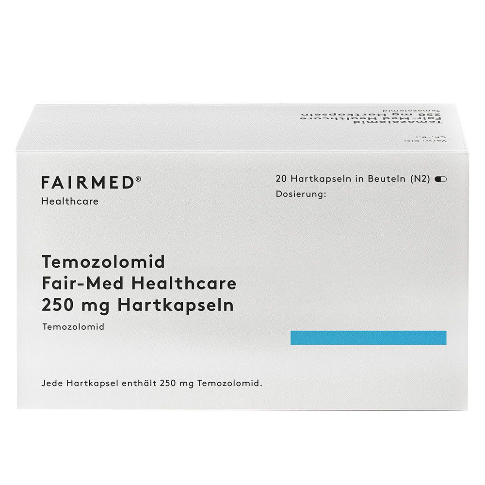 Schachtel mit Temozolomid Fair-Med Healthcare 250 mg Hartkapseln. Aufschrift: FAIRMED Healthcare, 20 Hartkapseln.