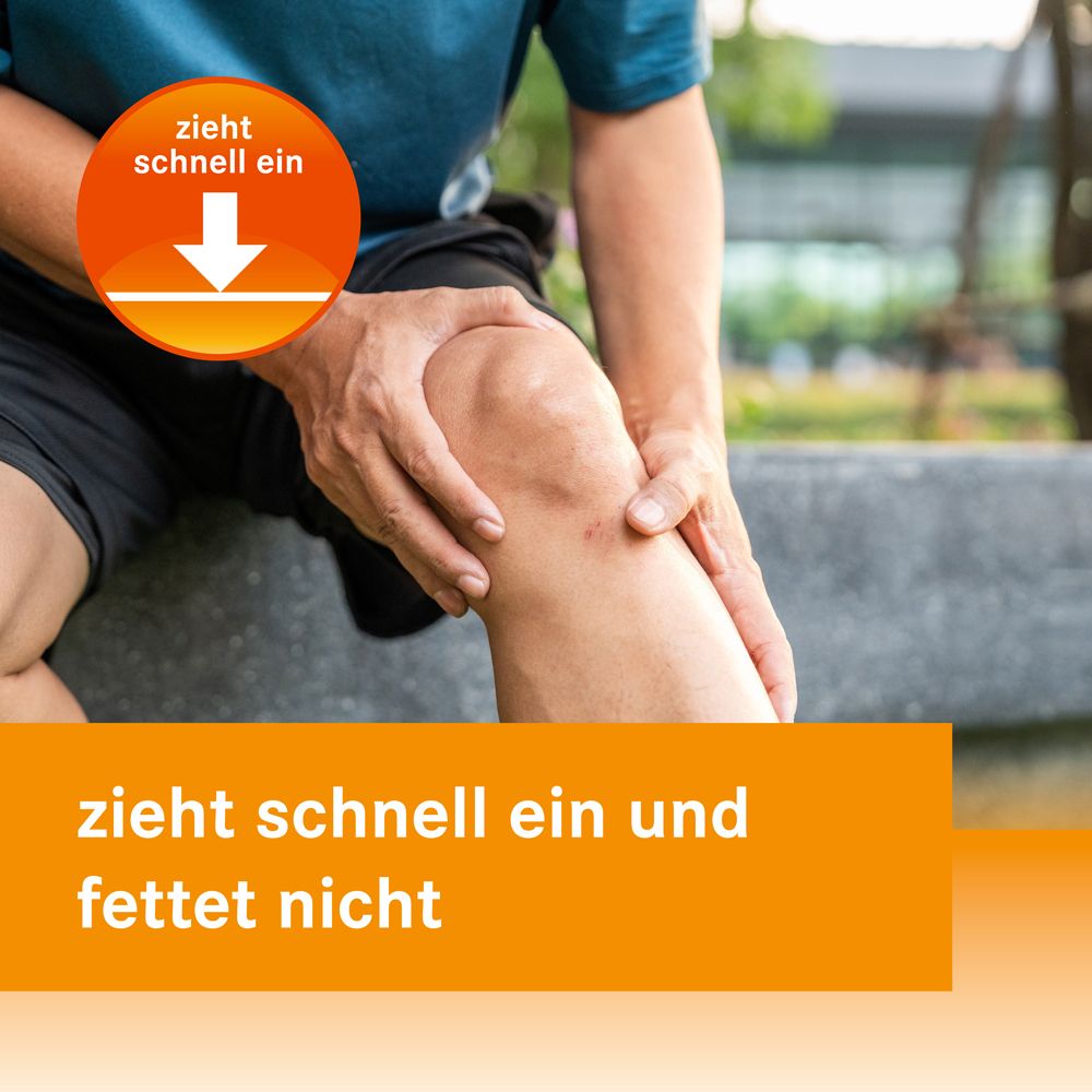 Nahaufnahme eines Knies. Text: zieht schnell ein und fettet nicht.