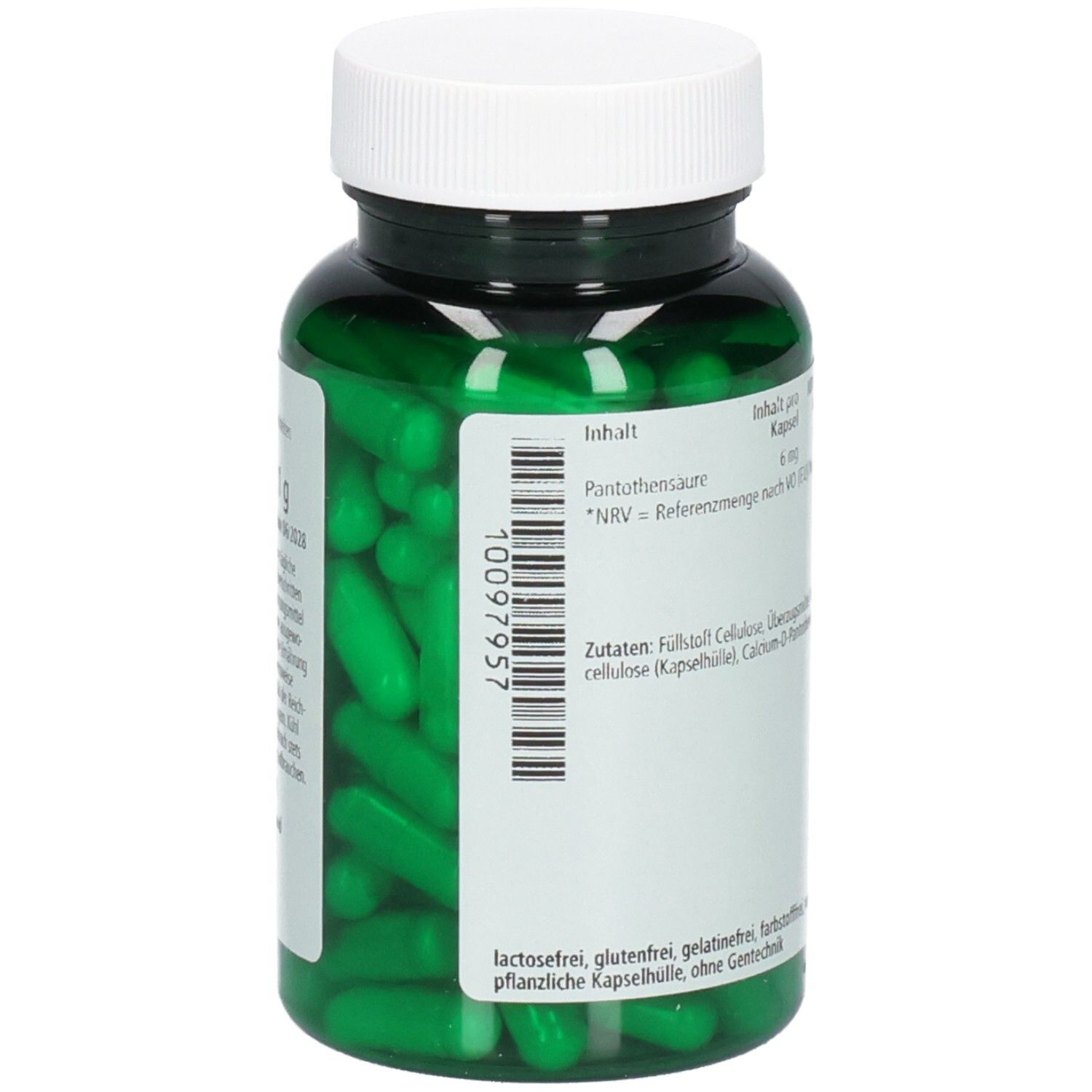 Grüne Kapseln in einer grünen Flasche mit weißem Deckel. Etikett mit Barcode und Zutatenliste. Kapseln sichtbar.