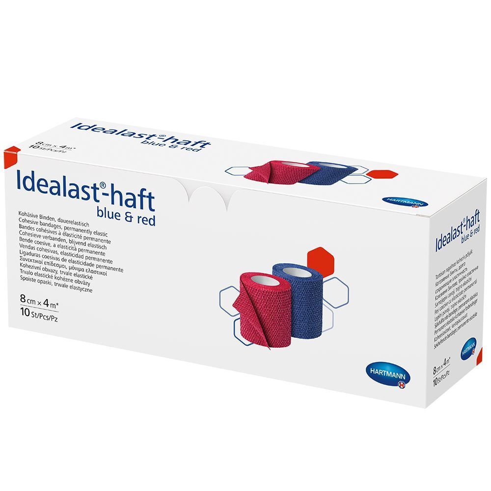 Confezione di bende colorate. Idealast-haft blu e rosso. 8cm x 4m. 10 pezzi. Logo Hartmann.