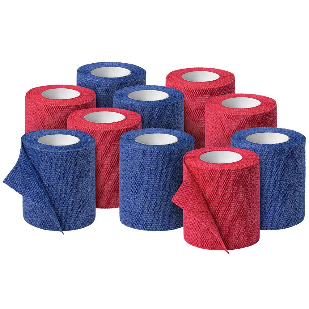 Bende rosse e blu. 10 pezzi. Arrotolate. Alcune con estremità aperta. Interno bianco.
