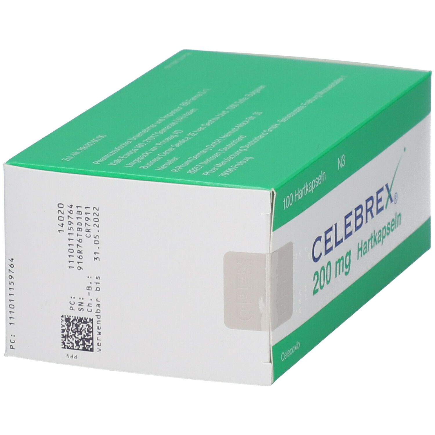 Grüne und weiße Schachtel mit Celebrex 200 mg Hartkapseln. Aufschrift: 100 Hartkapseln, N3. Celecoxib. QR-Code und Chargennummer.