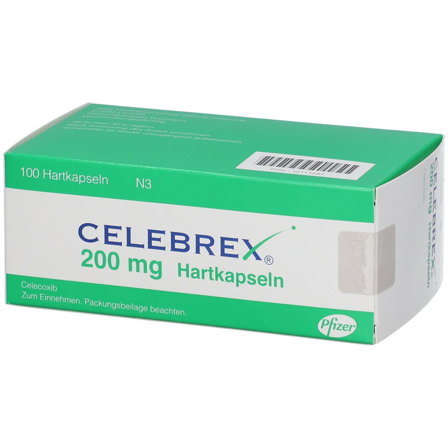 Grüne und weiße Schachtel mit Celebrex 200 mg Hartkapseln. Aufschrift: 100 Hartkapseln, N3. Celecoxib. Pfizer Logo.