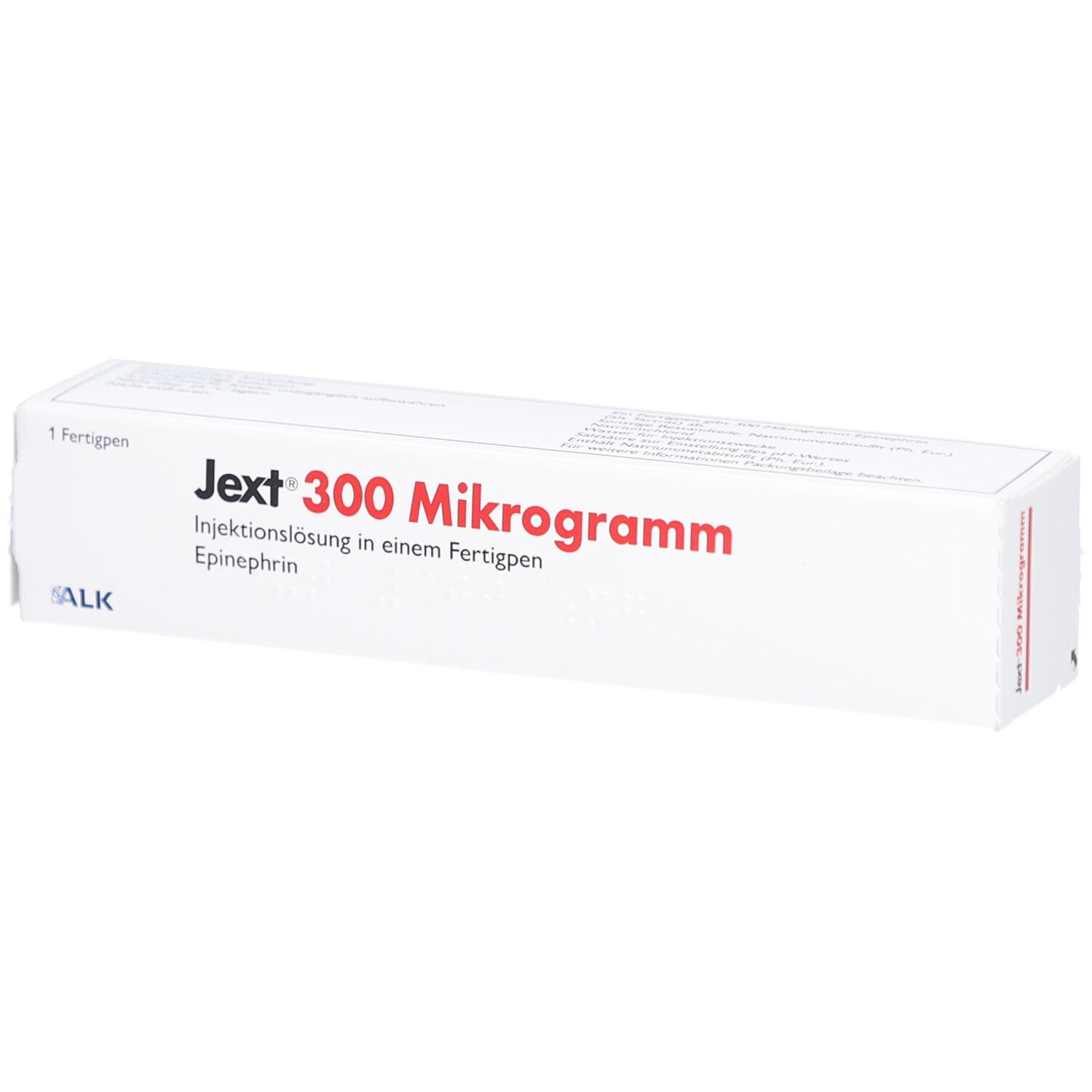 Weiße Schachtel mit roter Schrift: Jext 300 Mikrogramm. Injektionslösung in einem Fertigpen. ALK-Logo.