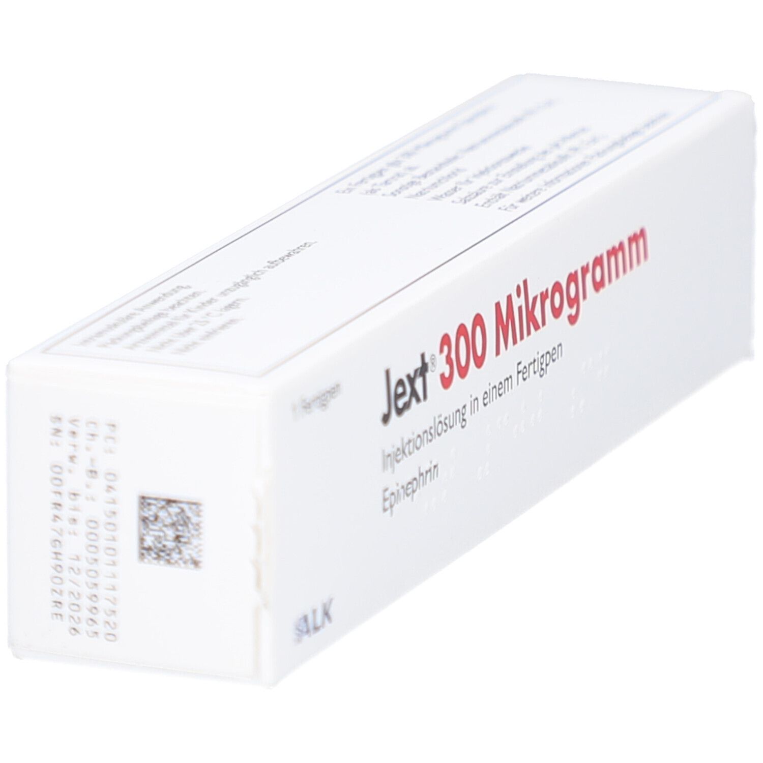 Weiße Schachtel, seitliche Ansicht. Rote Schrift: Jext 300 Mikrogramm. Injektionslösung in einem Fertigpen. ALK-Logo.