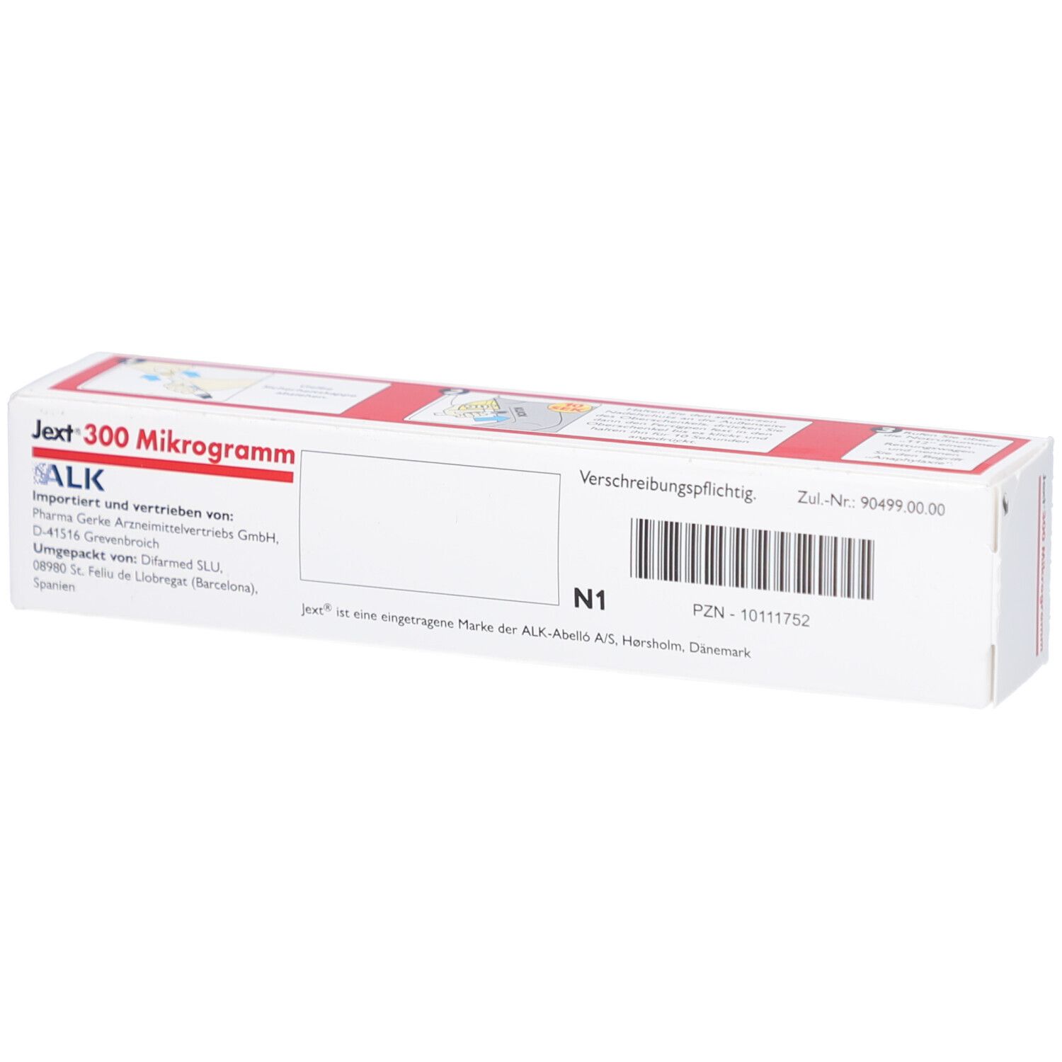 Weiße Schachtel, Rückseite. Rote Schrift: Jext 300 Mikrogramm. Text und Barcode. ALK-Logo.