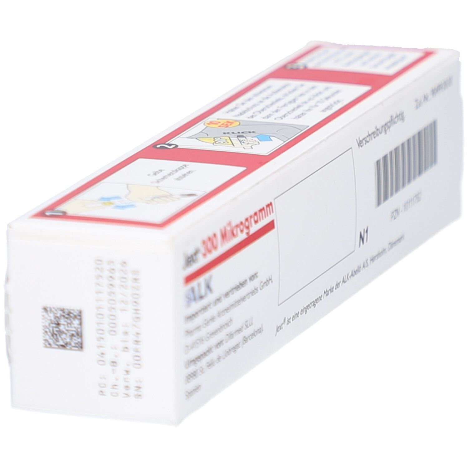 Weiße Schachtel, schräge Ansicht. Rote Schrift: Jext 300 Mikrogramm. Text und Barcode. ALK-Logo.