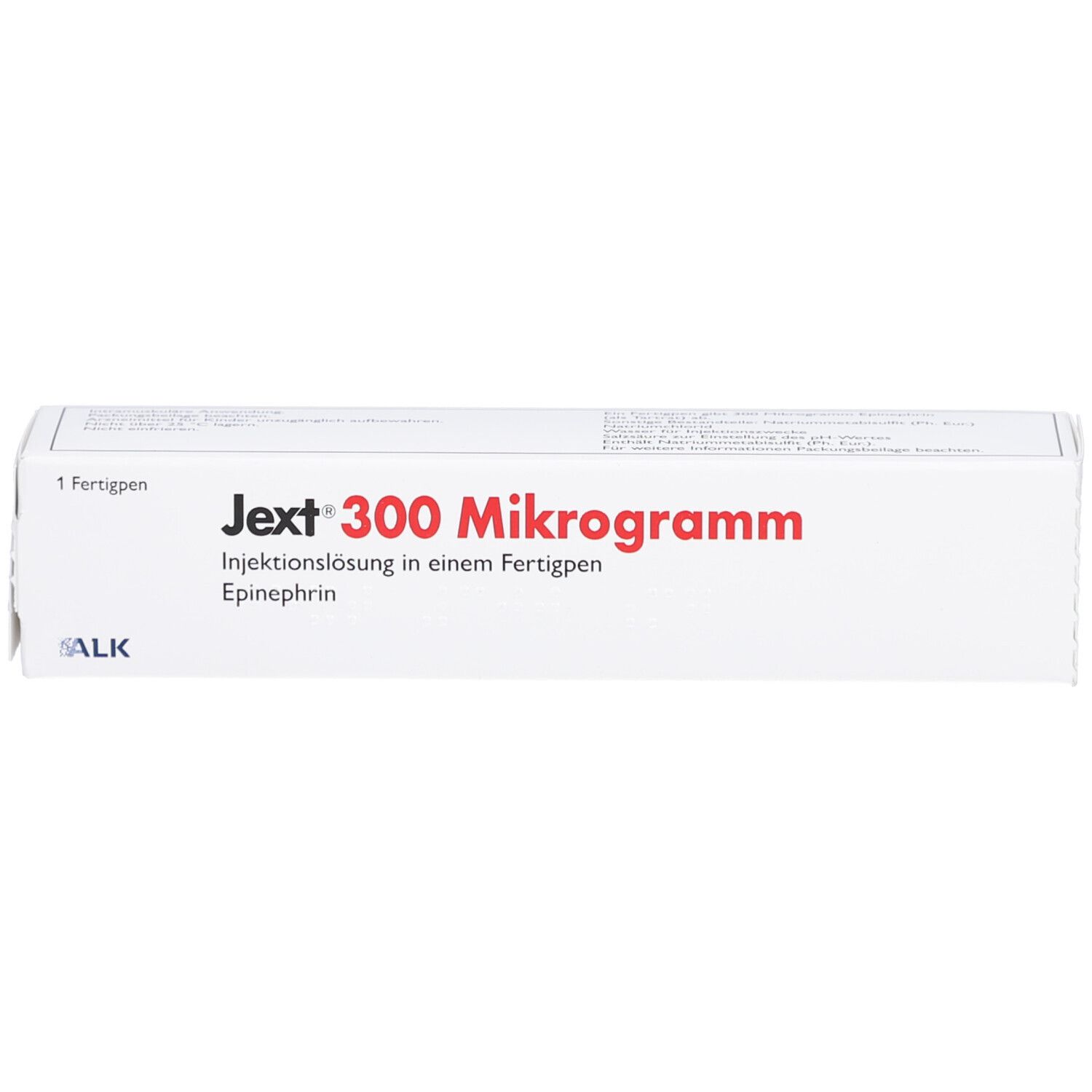 Weiße Schachtel mit roter Schrift: Jext 300 Mikrogramm. Injektionslösung in einem Fertigpen. ALK-Logo.