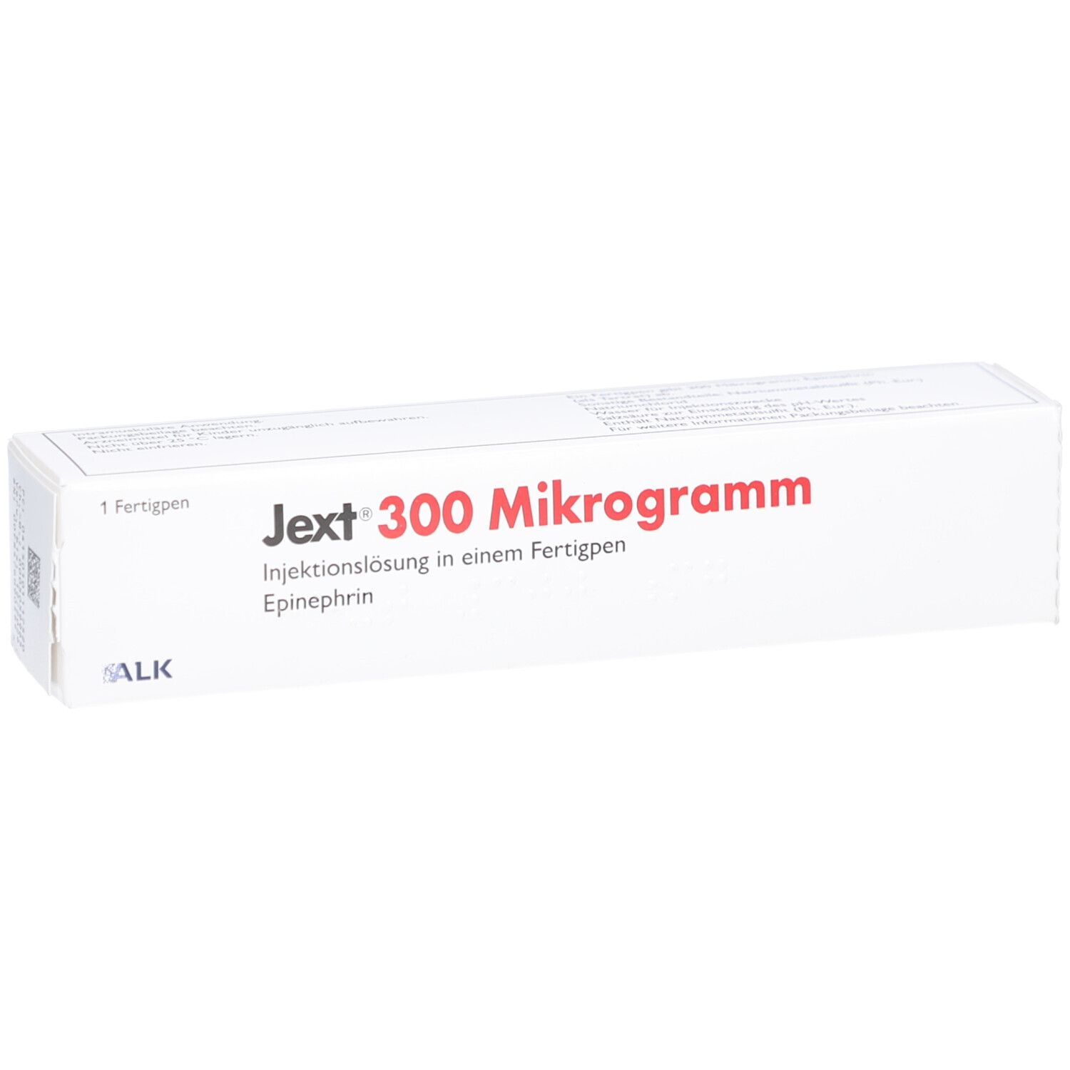 Weiße Schachtel mit roter Schrift: Jext 300 Mikrogramm. Injektionslösung in einem Fertigpen. ALK-Logo.