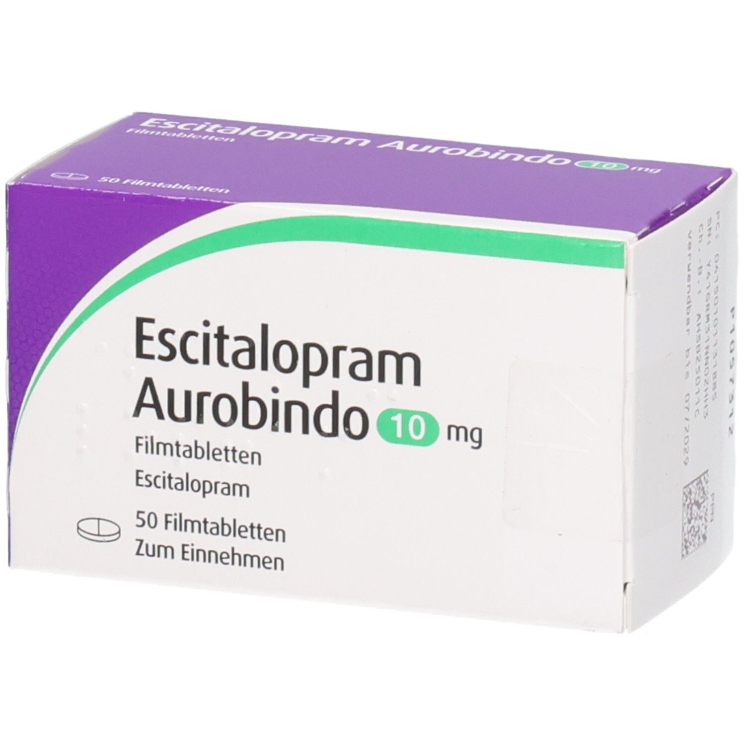 Verpackung von Escitalopram Aurobindo 10 mg Filmtabletten, 50 Stück.