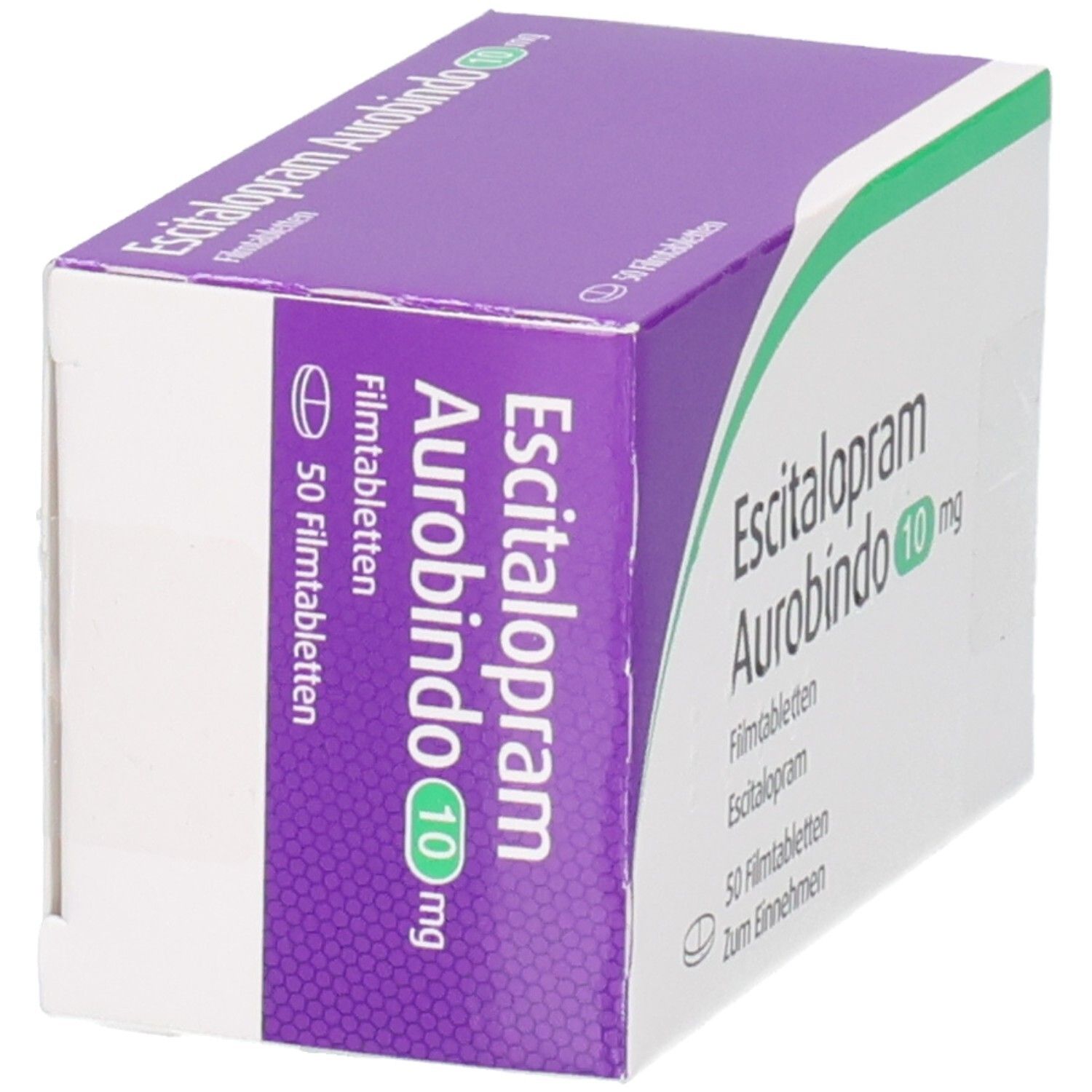Verpackung von Escitalopram Aurobindo 10 mg Filmtabletten, 50 Stück.