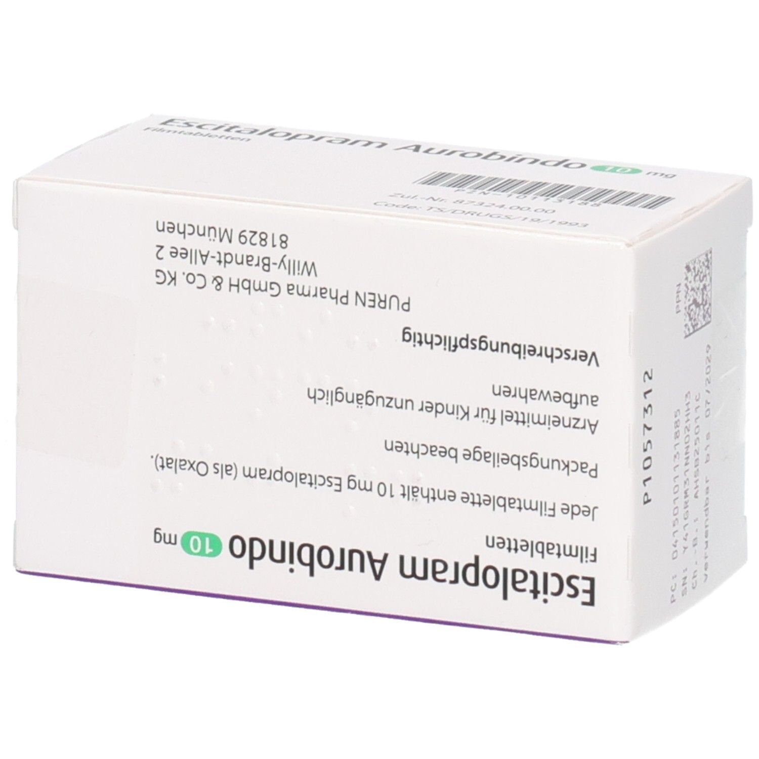 Rückseite der Verpackung von Escitalopram Aurobindo 10 mg Filmtabletten.