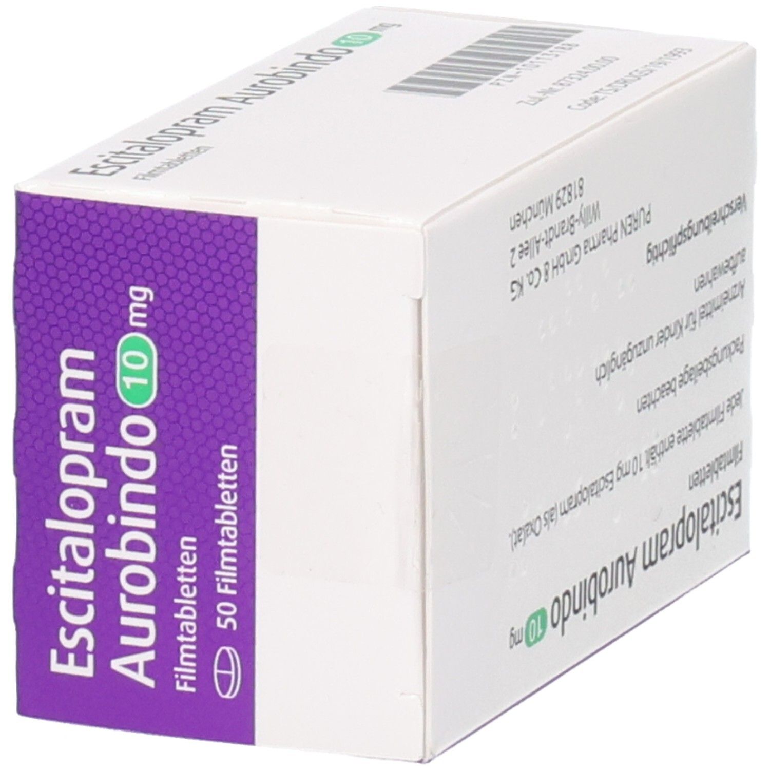 Seitenansicht der Verpackung von Escitalopram Aurobindo 10 mg Filmtabletten.