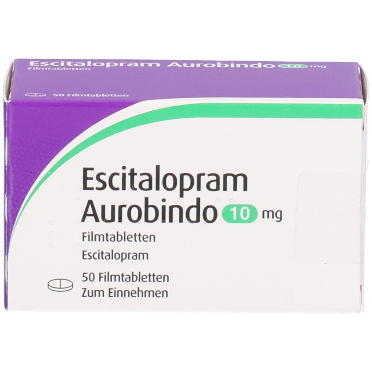 Verpackung von Escitalopram Aurobindo 10 mg Filmtabletten, 50 Stück.