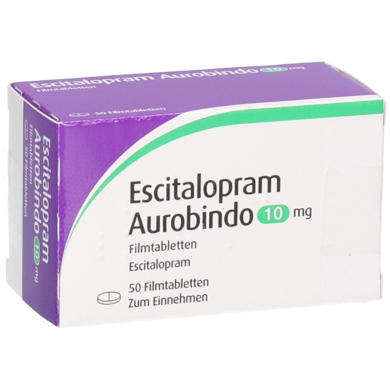 Verpackung von Escitalopram Aurobindo 10 mg Filmtabletten, 50 Stück.