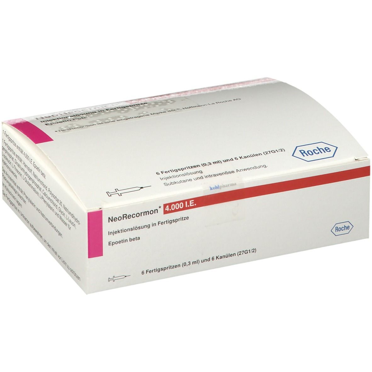 Verpackung von NeoRecormon 4.000 I.E. mit 6 Fertigspritzen. Weißer Karton mit pinkfarbenen Akzenten und Roche-Logo.