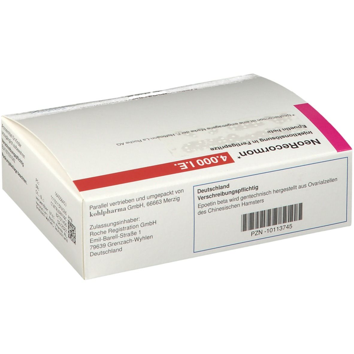 Karton von NeoRecormon 4.000 I.E. mit Informationen und Roche-Logo. Weiß mit pinkfarbenen Akzenten.