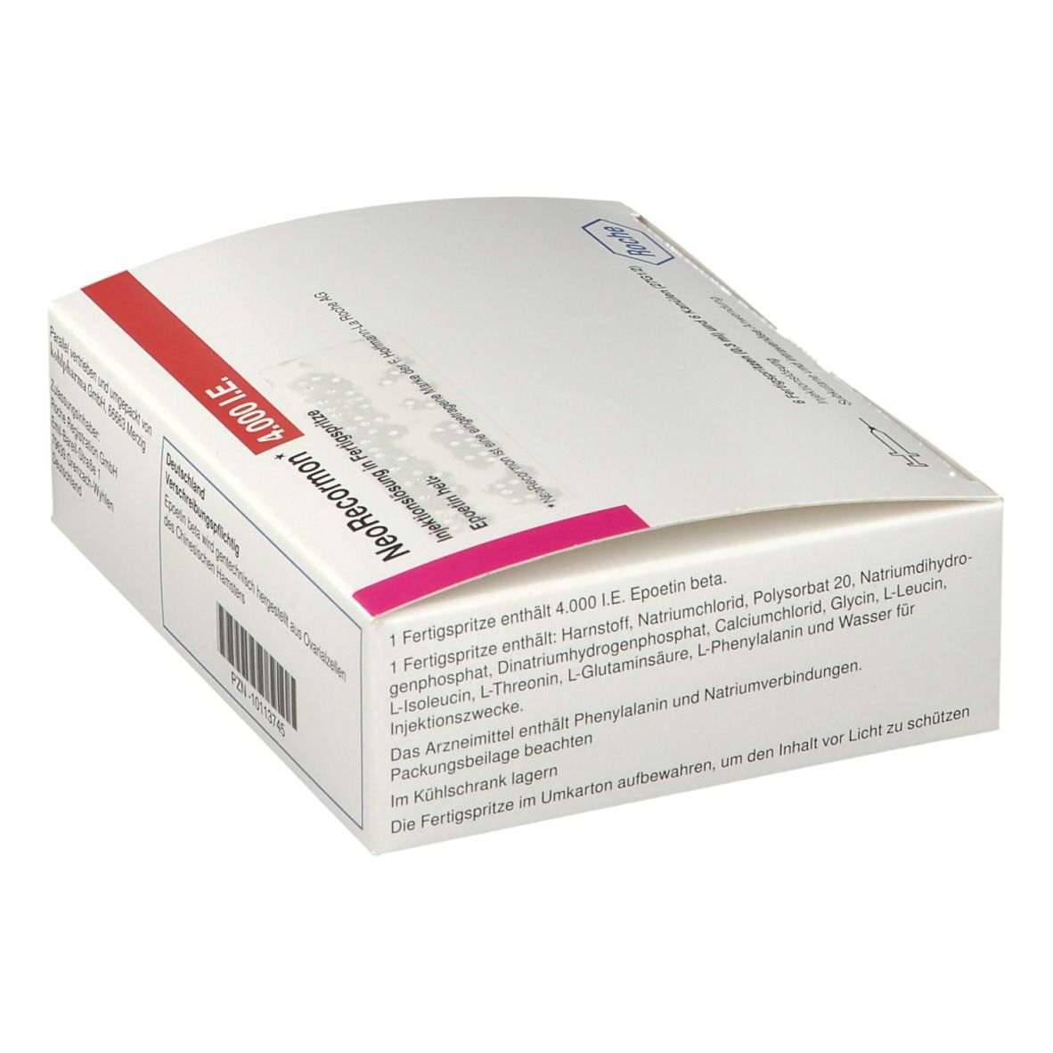 Karton von NeoRecormon 4.000 I.E. mit Informationen und Roche-Logo. Weiß mit pinkfarbenen Akzenten.