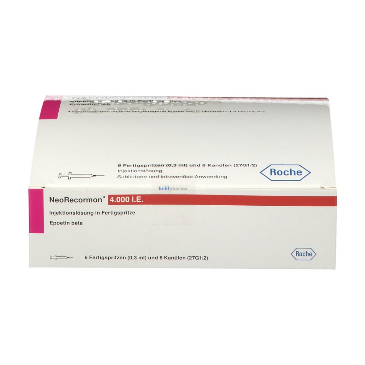 Zwei Packungen NeoRecormon 4.000 I.E. nebeneinander. Weiße Kartons mit pinkfarbenen Akzenten und Roche-Logo.