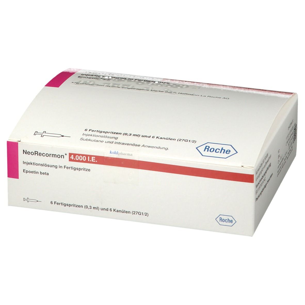 Verpackung von NeoRecormon 4.000 I.E. mit 6 Fertigspritzen. Weißer Karton mit pinkfarbenen Akzenten und Roche-Logo.