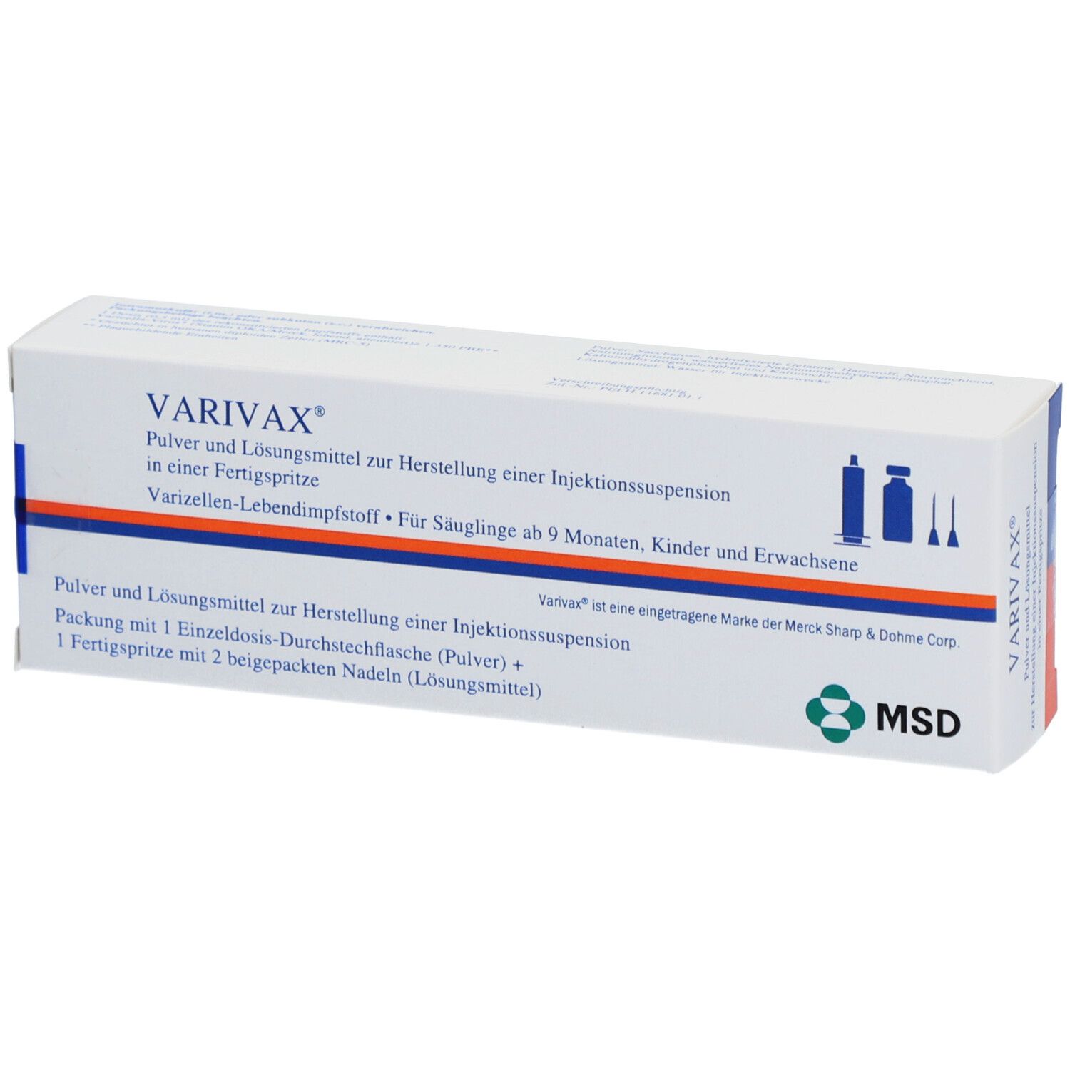 Weißer Karton mit blauer und oranger Linie. Aufschrift VARIVAX, Text und MSD-Logo. Enthält Pulver und Lösungsmittel.