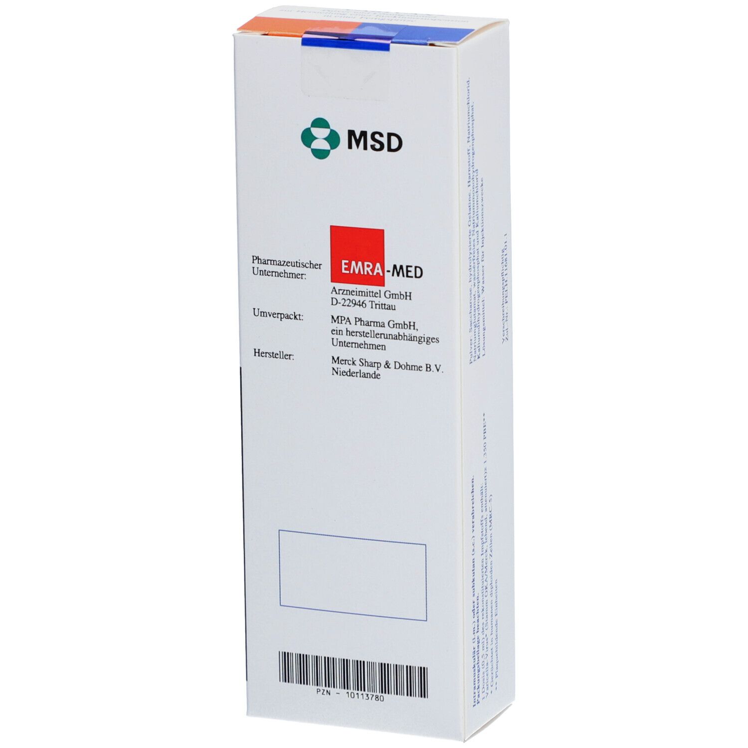 Weiße Verpackung mit MSD-Logo und Text. Enthält Informationen zu EMRA-MED und Hersteller Merck Sharp & Dohme.