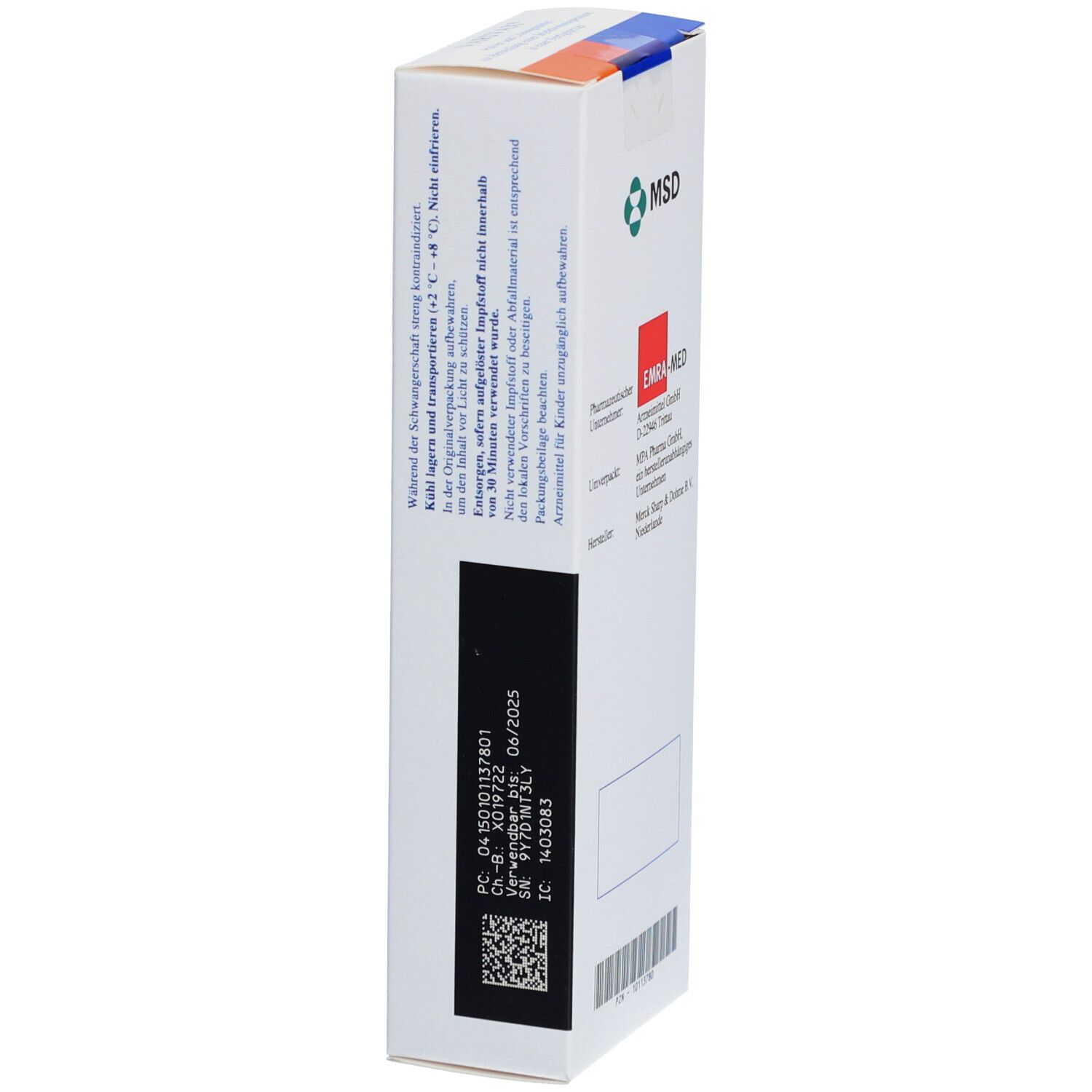 Weiße Verpackung mit MSD-Logo und Text. Enthält Informationen zu Hersteller, Chargennummer und Verfallsdatum.