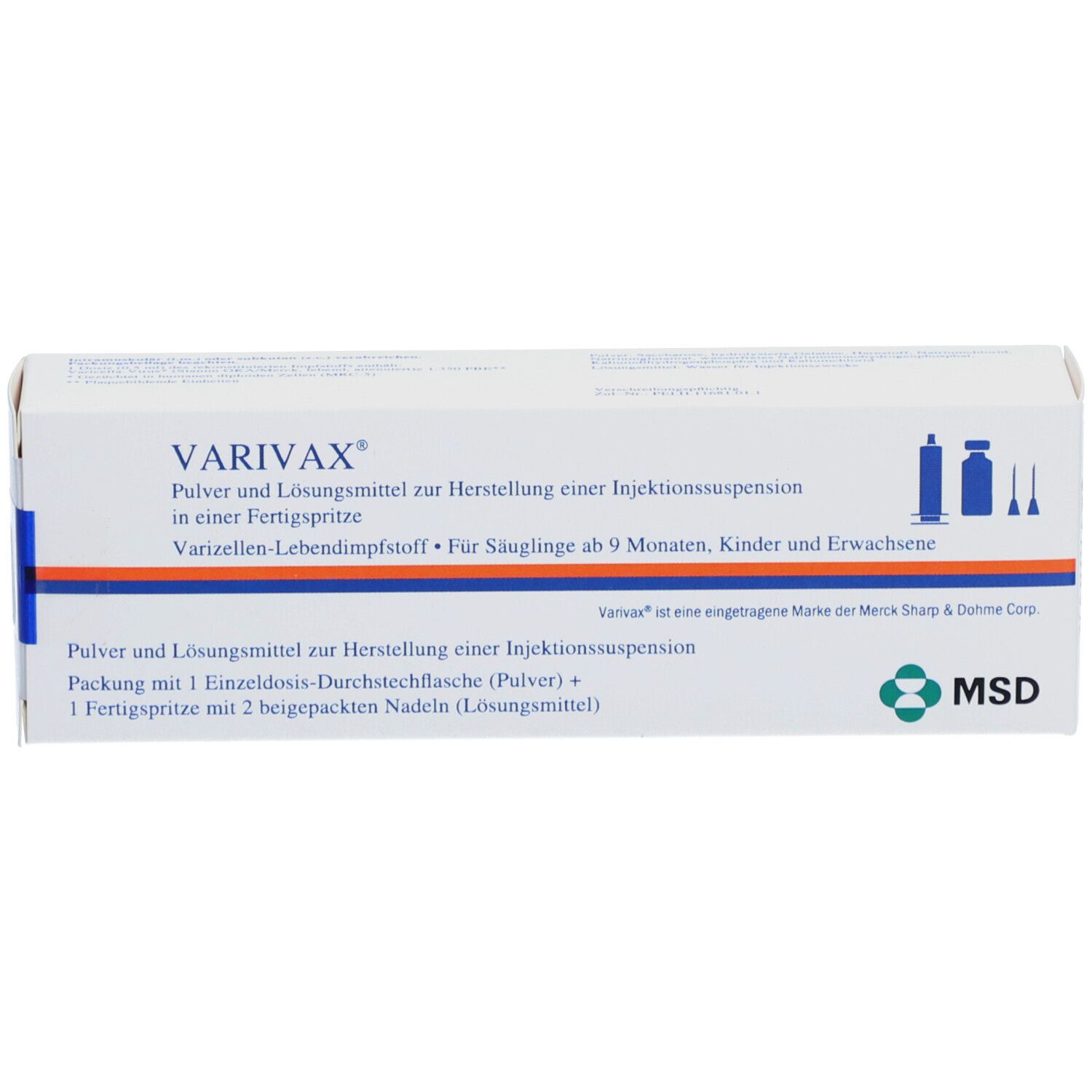 Weißer Karton mit blauer und oranger Linie. Aufschrift VARIVAX, Text und MSD-Logo. Enthält Pulver und Lösungsmittel.