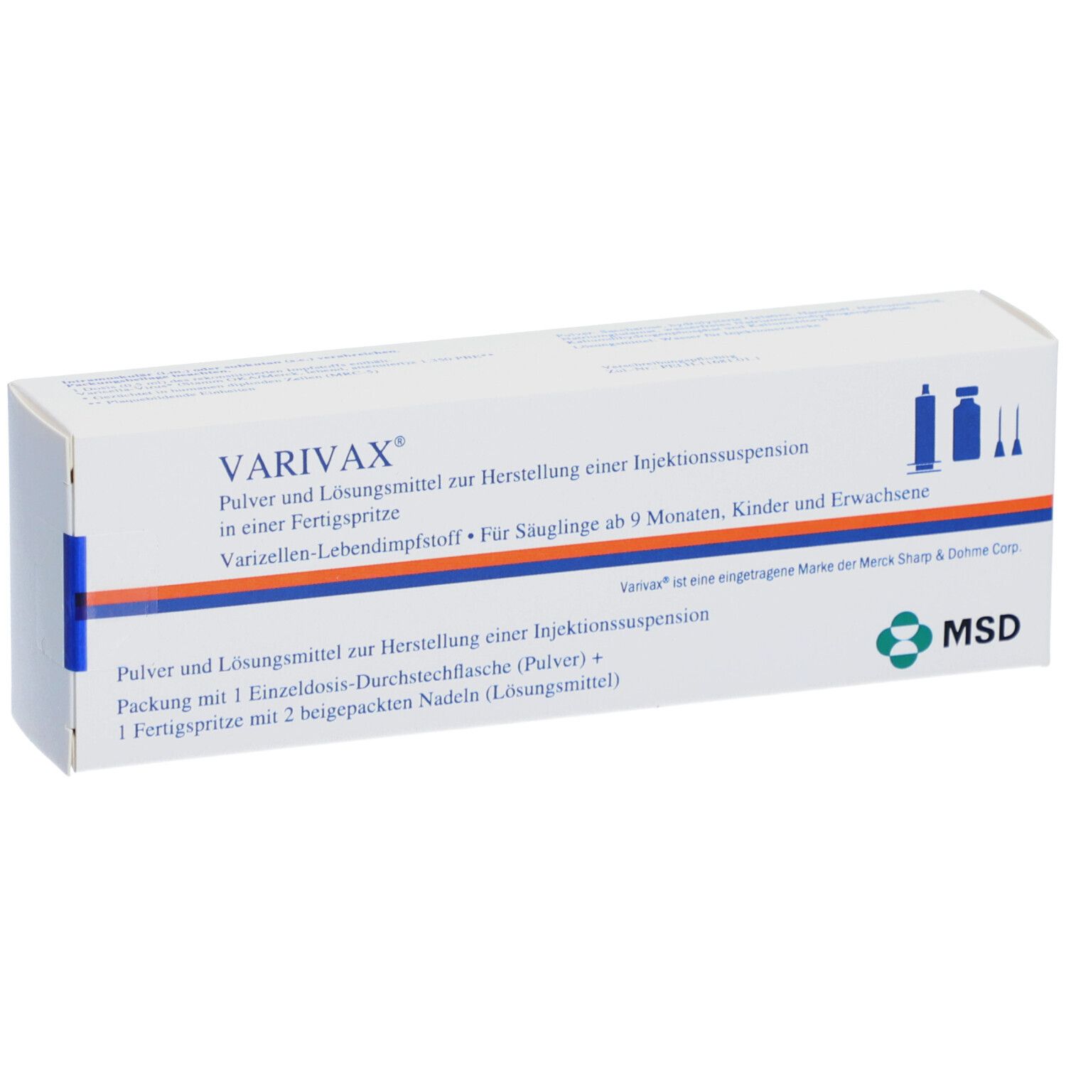 Weißer Karton mit blauer und oranger Linie. Aufschrift VARIVAX, Text und MSD-Logo. Enthält Pulver und Lösungsmittel.