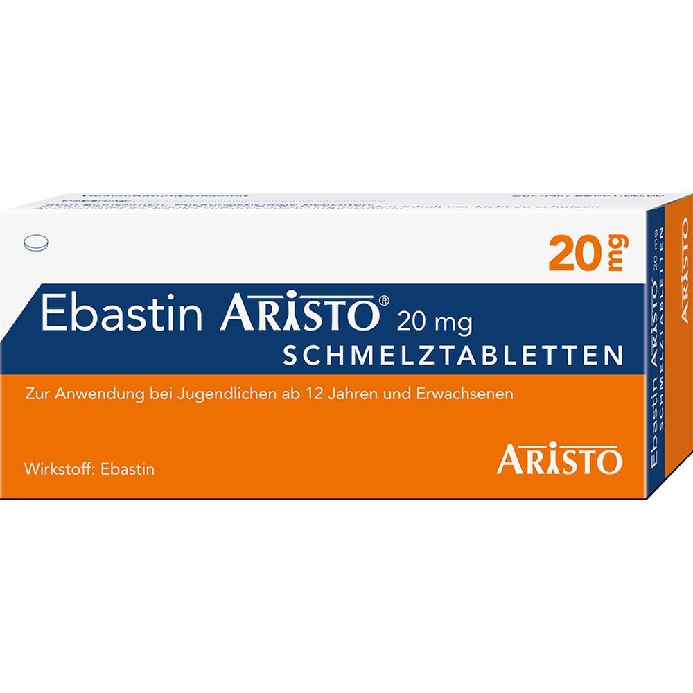 Ebastin Aristo 20 mg Schmelztabletten-Packung. Weiß-orangefarbene Schachtel mit Produktnamen und Dosierung.