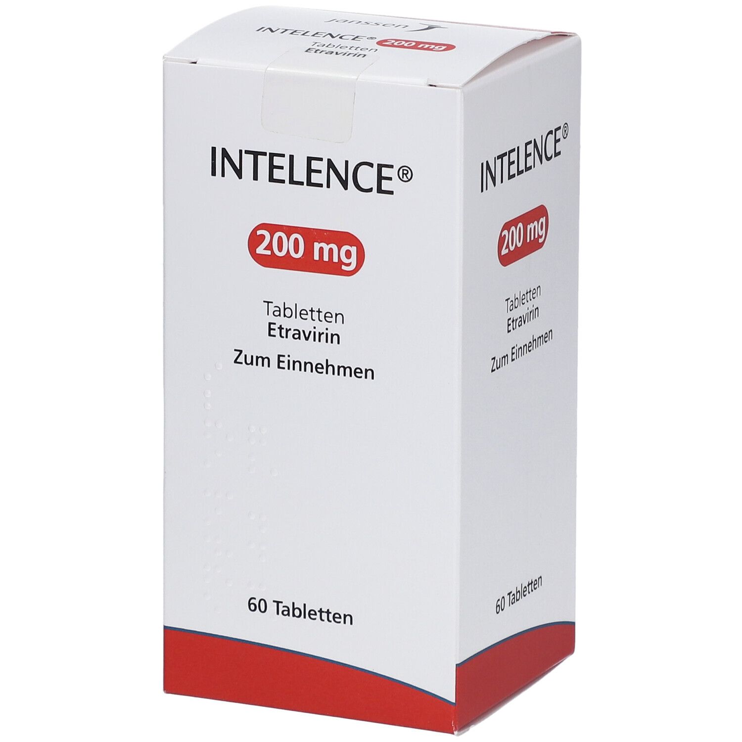Weiße Schachtel mit rotem Akzent. Aufschrift: Intelence 200 mg, Tabletten Etravirin, Zum Einnehmen. 60 Tabletten.