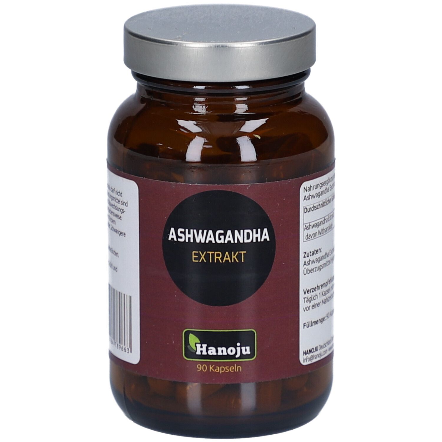 Braune Glasflasche mit silbernem Deckel. Aufschrift: ASHWAGANDHA EXTRAKT. Marke: Hanoju. 90 Kapseln.