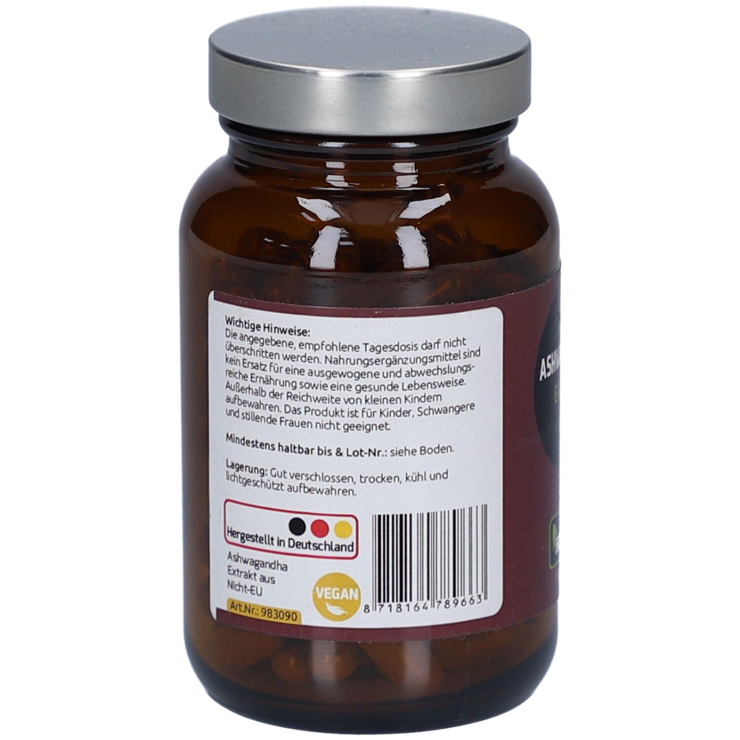 Rückseite der braunen Glasflasche. Text: Wichtige Hinweise, Mindestens haltbar bis, Vegan-Siegel. Barcode.