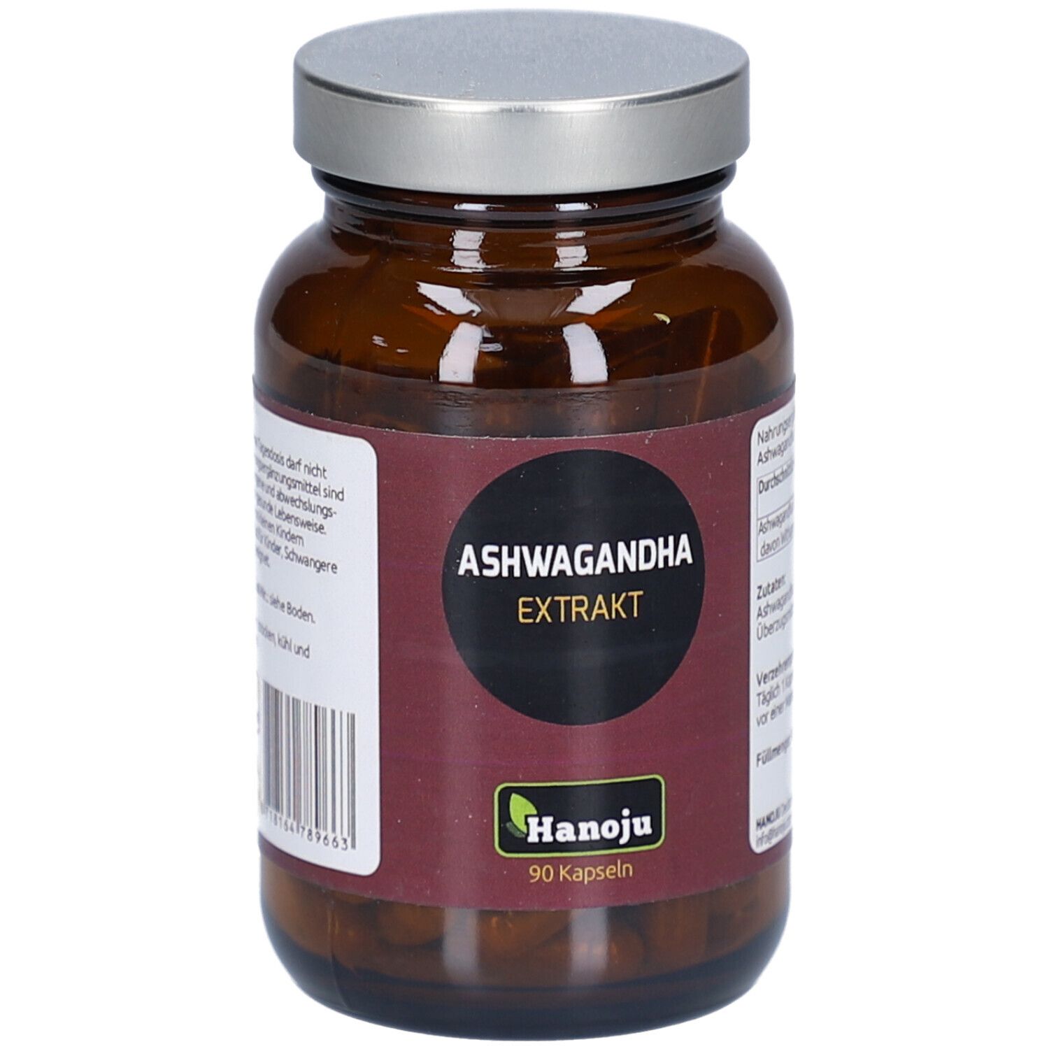 Braune Glasflasche mit silbernem Deckel. Aufschrift: ASHWAGANDHA EXTRAKT. Marke: Hanoju. 90 Kapseln.