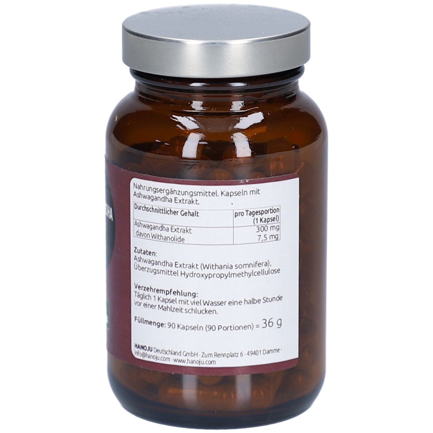 Braune Glasflasche mit silbernem Deckel. Text auf Etikett: Nährwertangaben, Zutaten, Verzehrempfehlung. 90 Kapseln.