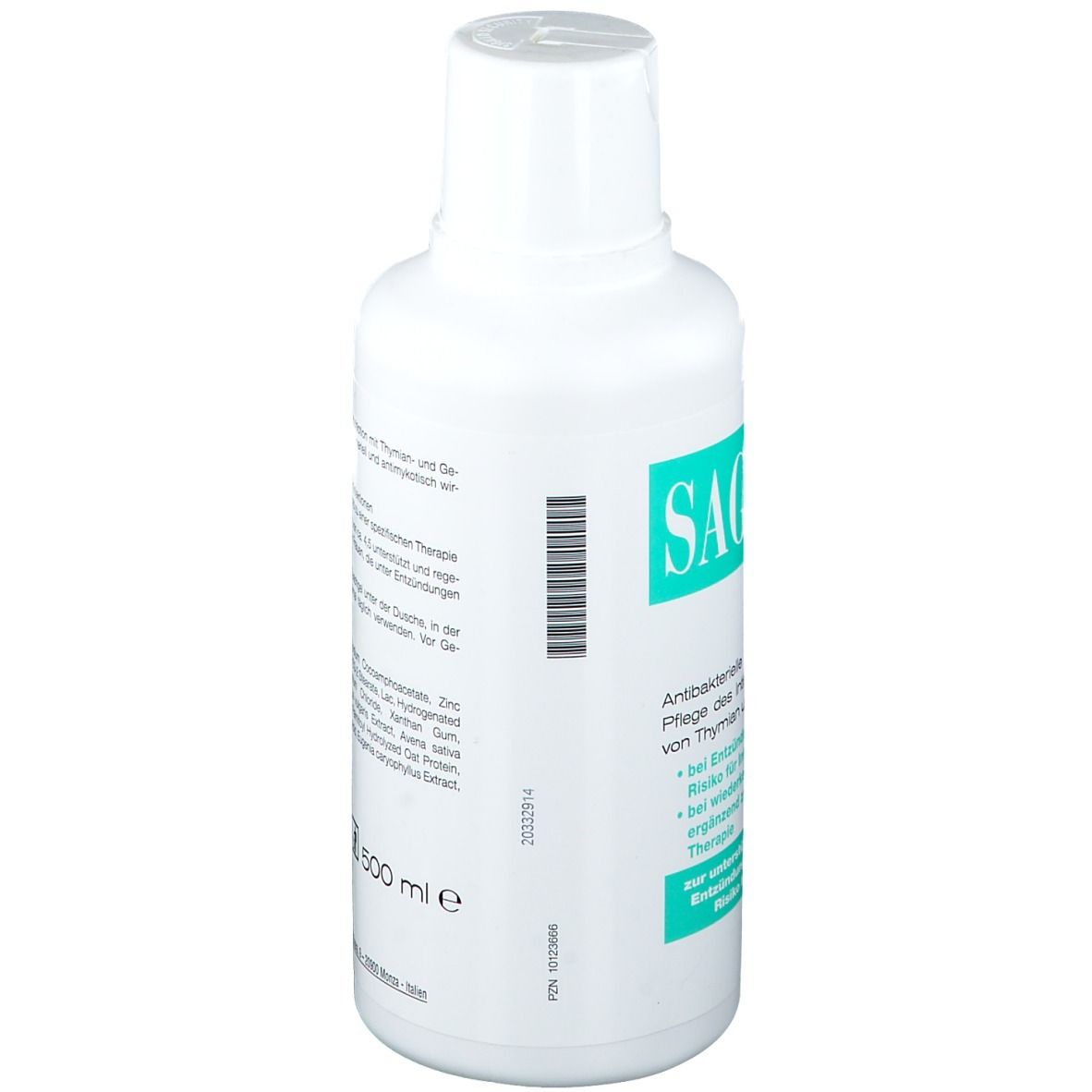 Sagella hydramed Intimwaschlotion. Weiße Flasche mit grünem Etikett. Text.