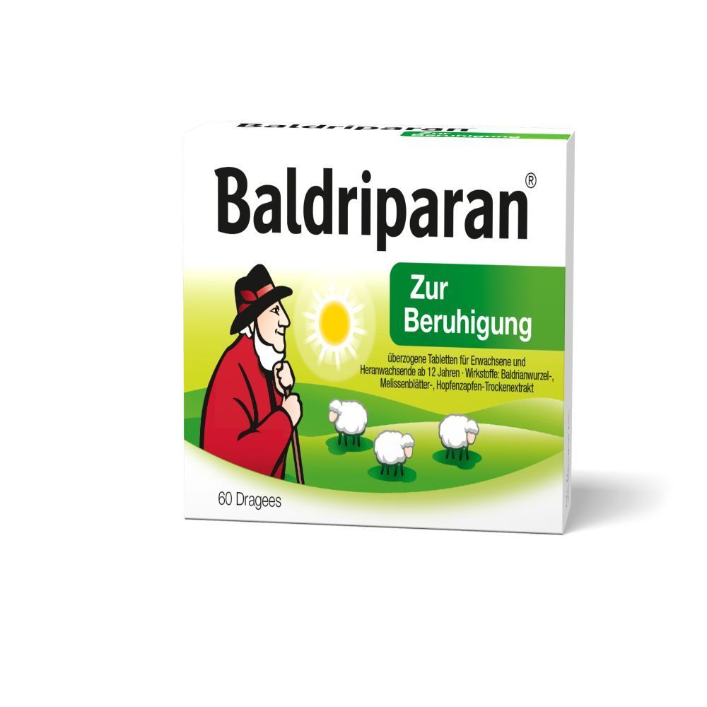 Schachtel "Baldriparan Zur Beruhigung". Mann mit Hut und Schafe auf grünem Hintergrund. Text: "60 Dragees".