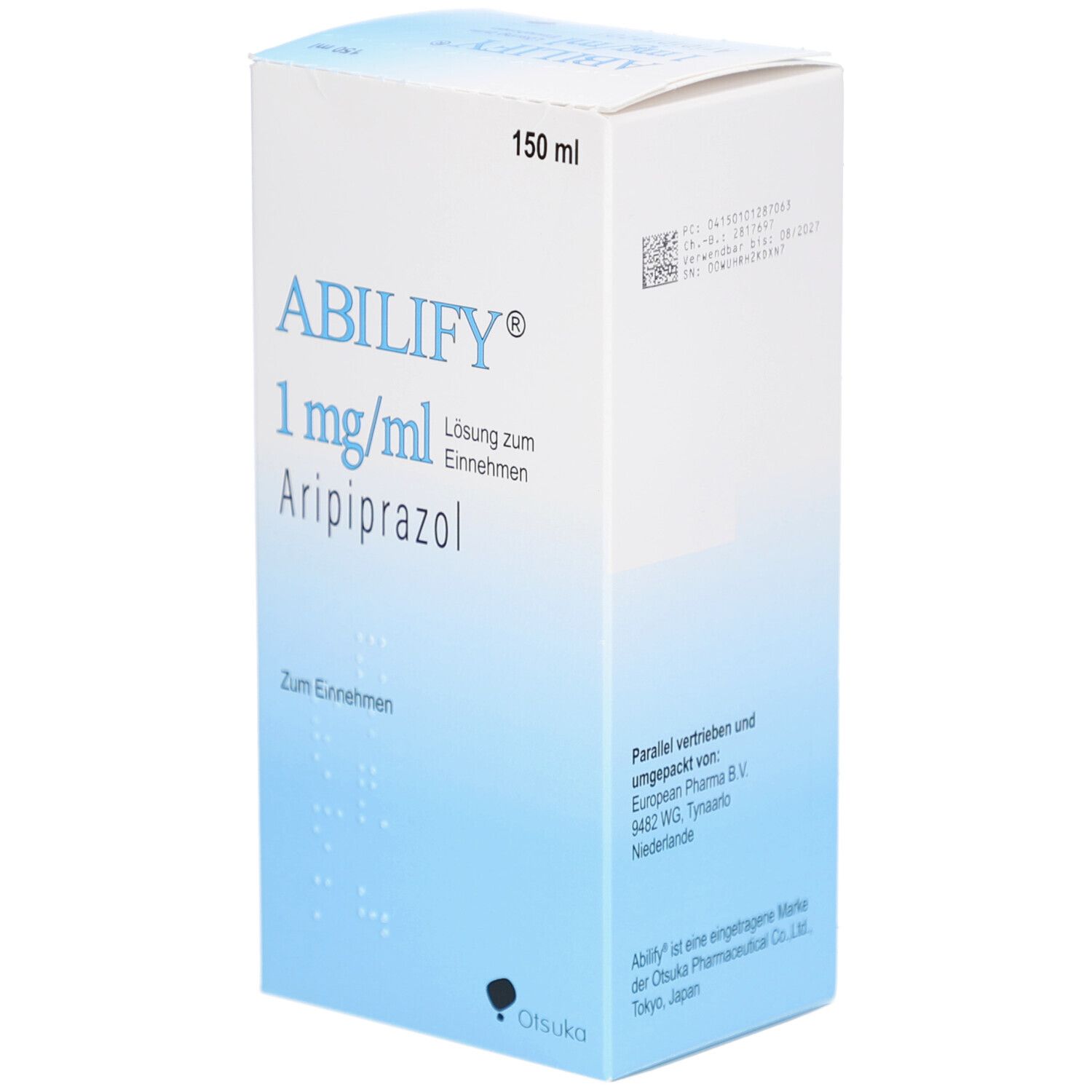 Weiße Faltschachtel mit ABILIFY®-Logo, 1 mg/ml Lösung zum Einnehmen. Blaue Akzente. 150 ml. Otsuka-Logo.