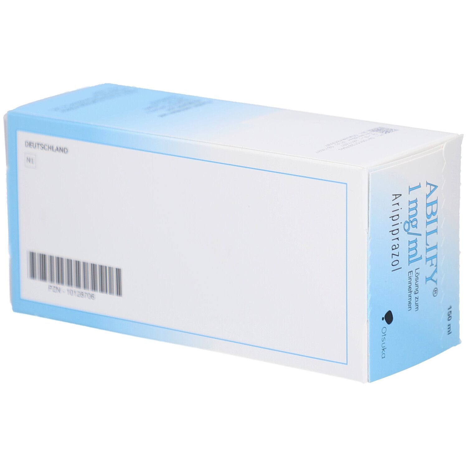 Weiße Faltschachtel, blaue Akzente. ABILIFY®-Logo, 1 mg/ml Lösung zum Einnehmen. Barcode und Text. 150 ml.