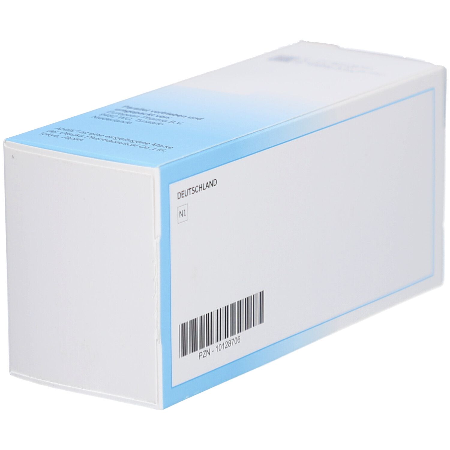 Weiße Faltschachtel, blaue Akzente. Barcode und Text. Rückseite der Verpackung.