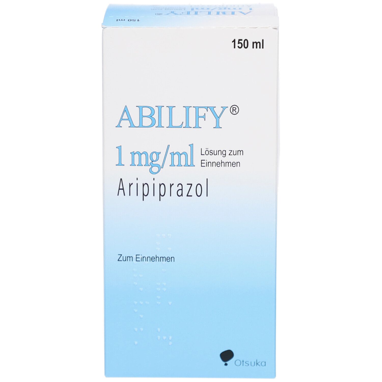 Weiße Faltschachtel mit ABILIFY®-Logo, 1 mg/ml Lösung zum Einnehmen. Blaue Akzente. 150 ml. Otsuka-Logo.