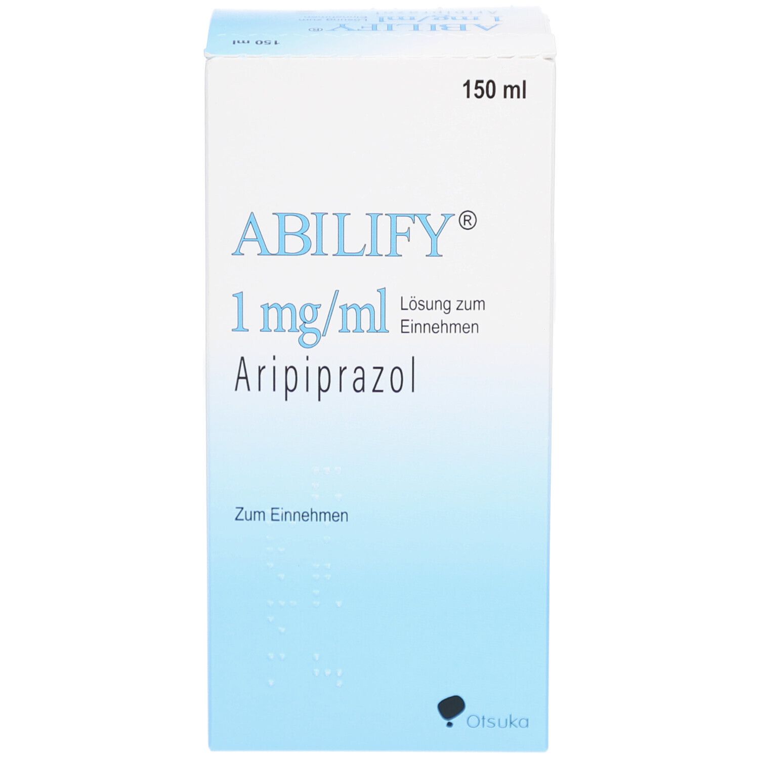 Weiße Faltschachtel mit ABILIFY®-Logo, 1 mg/ml Lösung zum Einnehmen. Blaue Akzente. 150 ml. Otsuka-Logo.