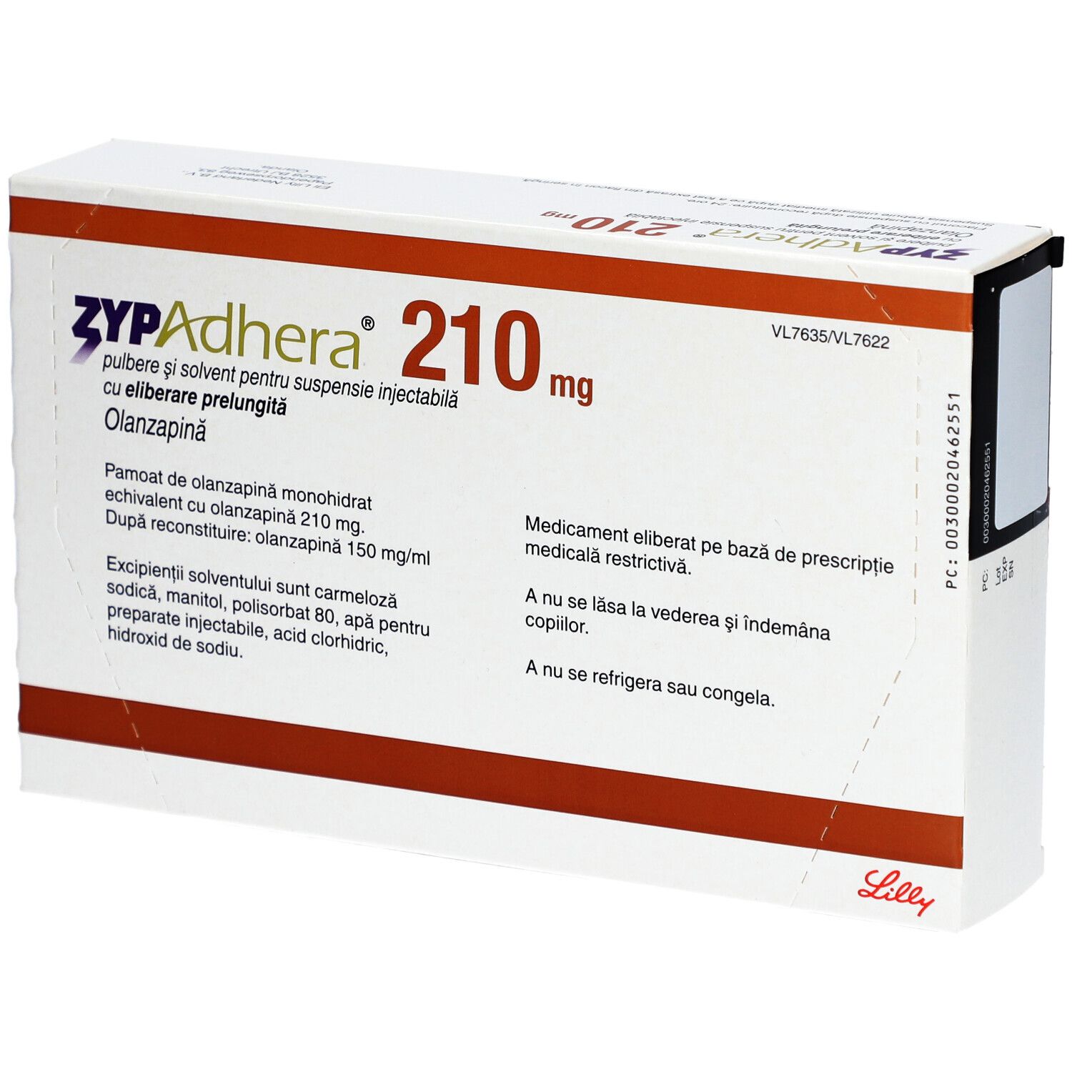 Zypadhera 210 mg-Verpackung. Weißer Karton mit roter und schwarzer Schrift. Enthält Informationen zu Olanzapin.