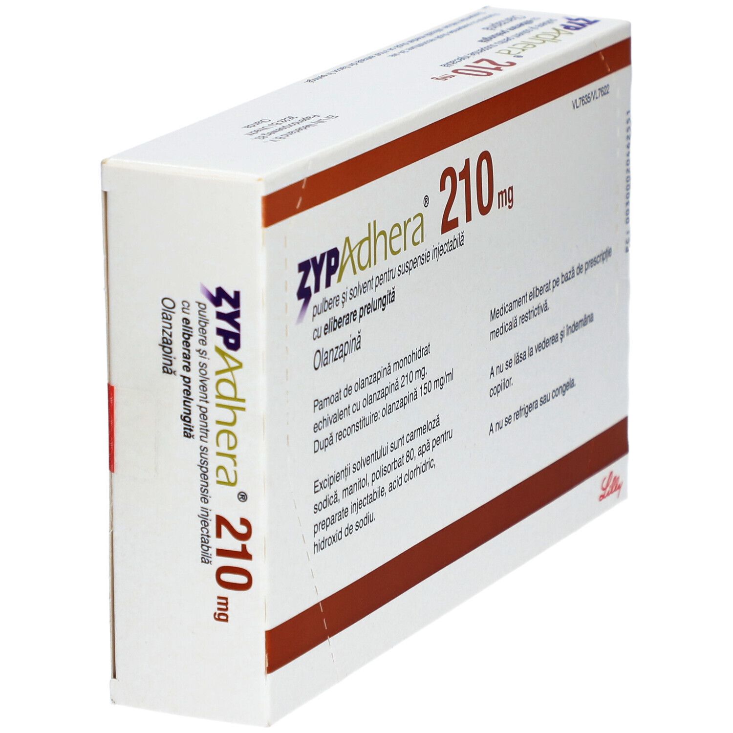 Zypadhera 210 mg-Verpackung. Weißer Karton mit roter und schwarzer Schrift. Enthält Informationen zu Olanzapin.