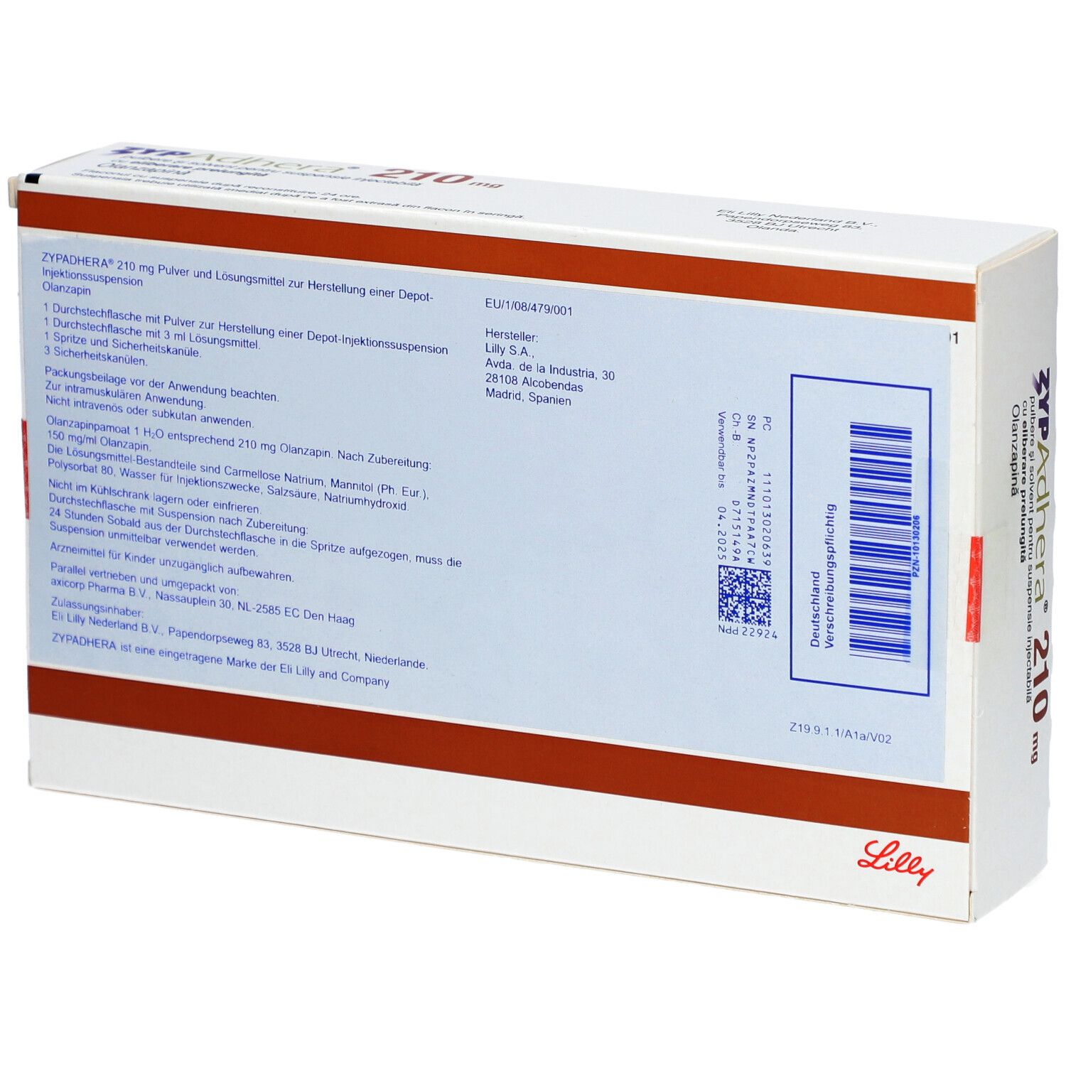 Rückseite der Zypadhera 210 mg-Verpackung. Enthält Informationen wie Hersteller, Chargennummer und Inhaltsstoffe.