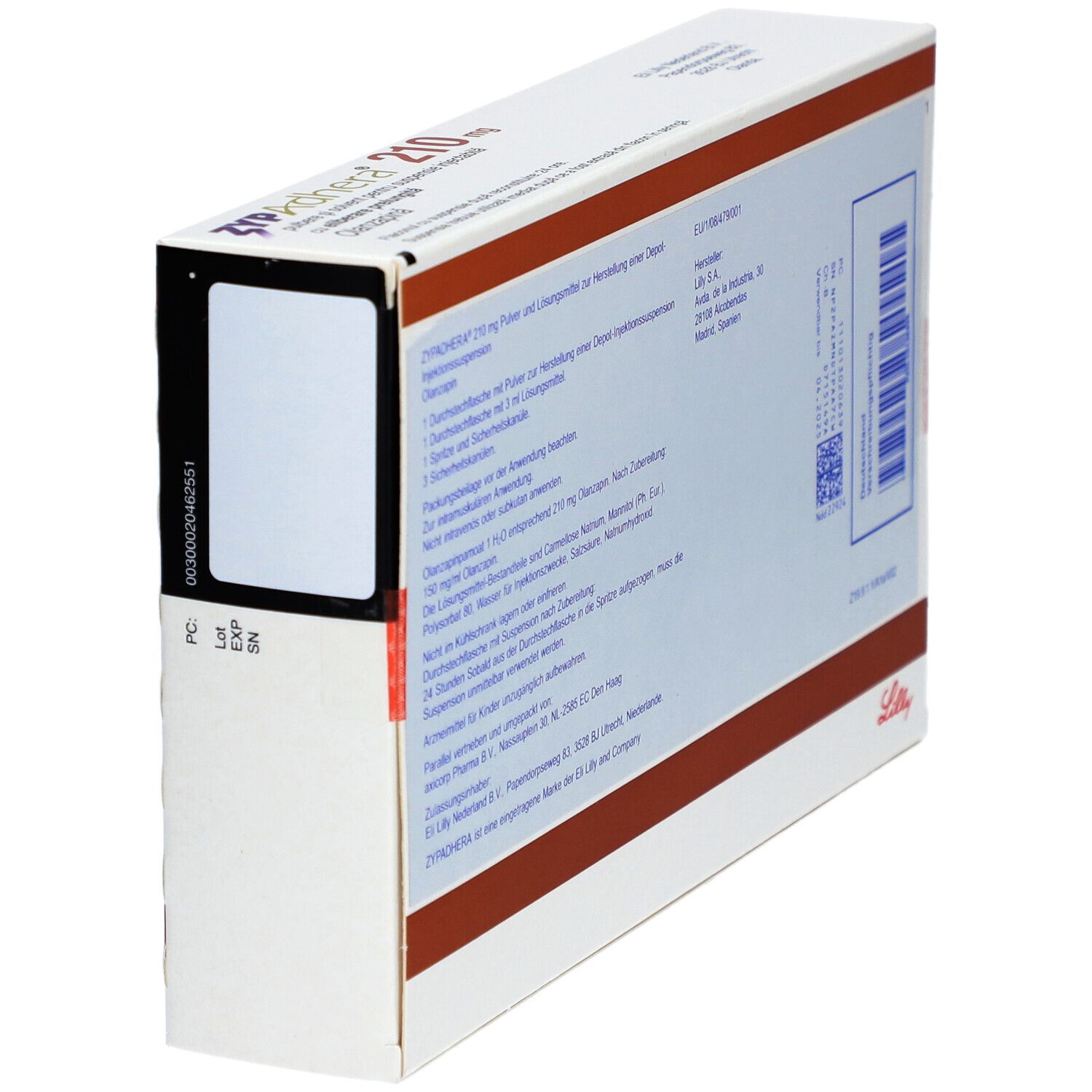 Seitenansicht der Zypadhera 210 mg-Verpackung. Enthält Informationen wie Chargennummer und Verfallsdatum.