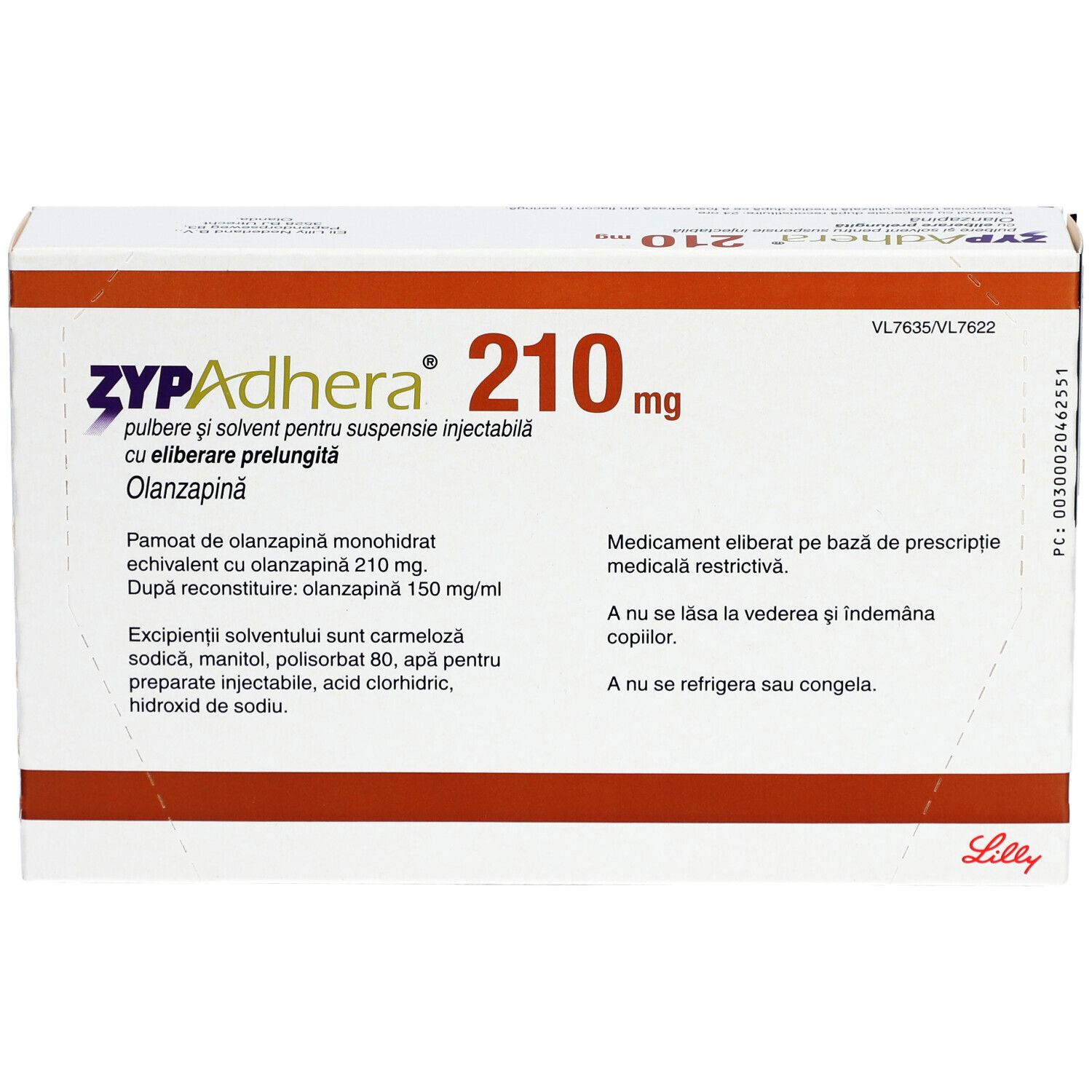 Zypadhera 210 mg-Verpackung. Weißer Karton mit roter und schwarzer Schrift. Enthält Informationen zu Olanzapin.